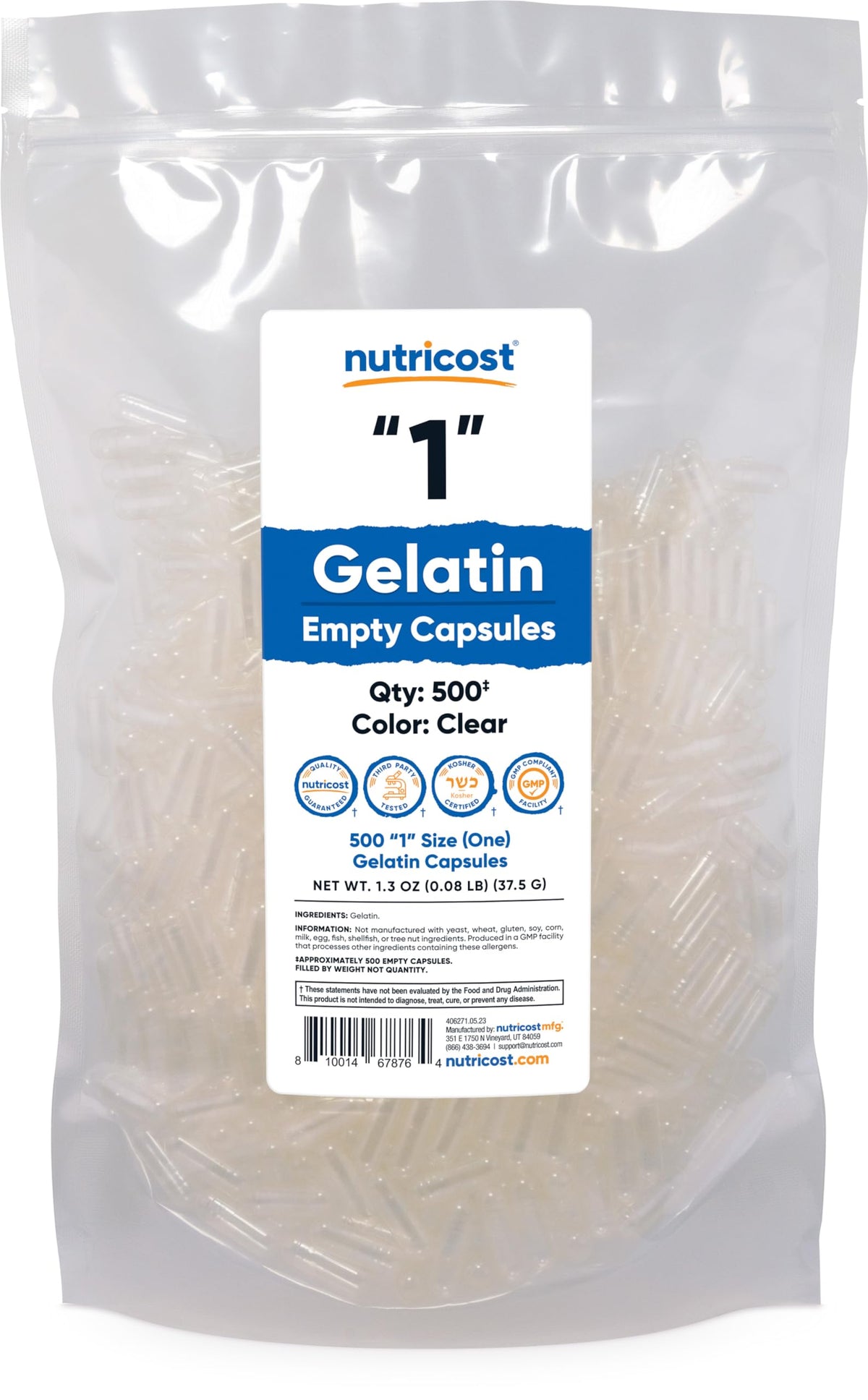 Nutricost Gelatin Size 1 Empty Capsules front view with packaging