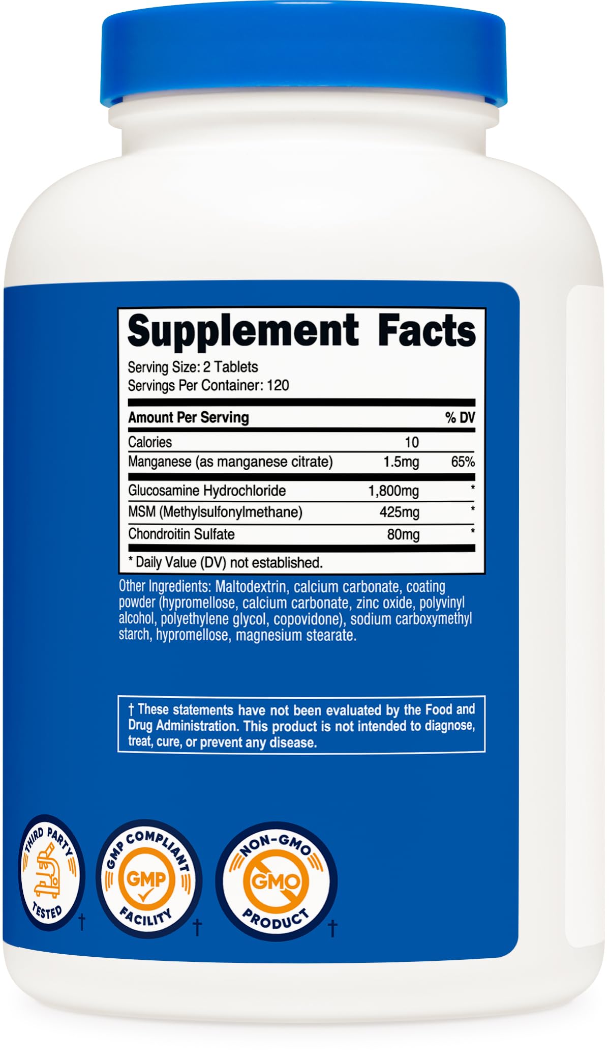 Nutricost Glucosamine Chondroitin MSM tablets in a hand