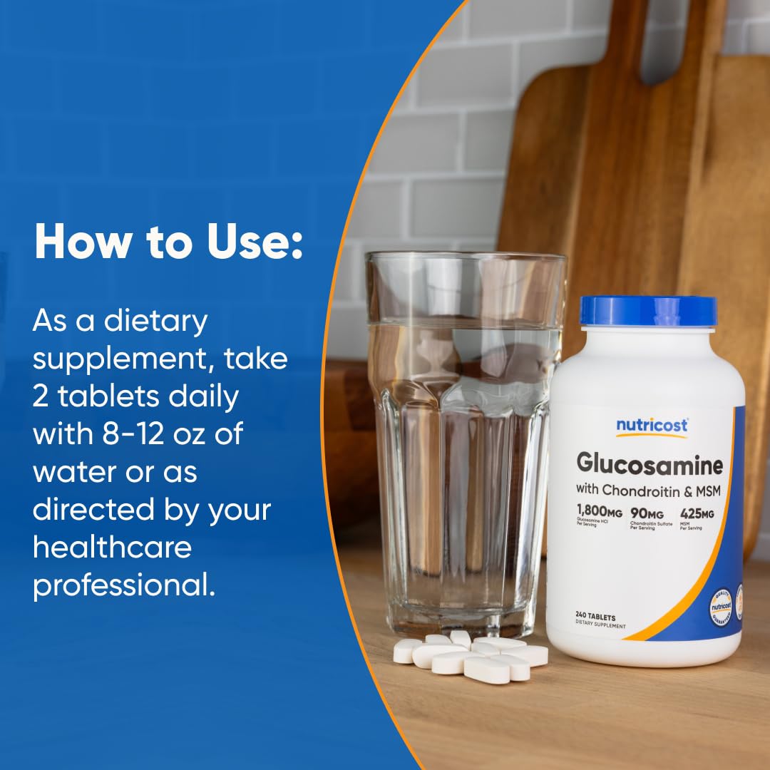 Nutricost Glucosamine Chondroitin MSM tablets on a kitchen countertop