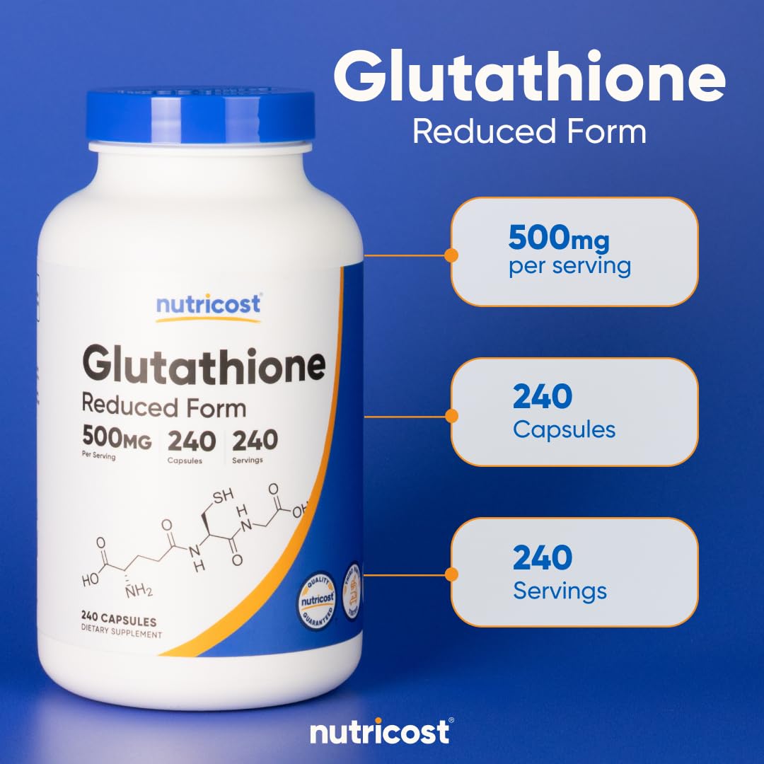 Nutricost Glutathione Capsules on a wooden table
