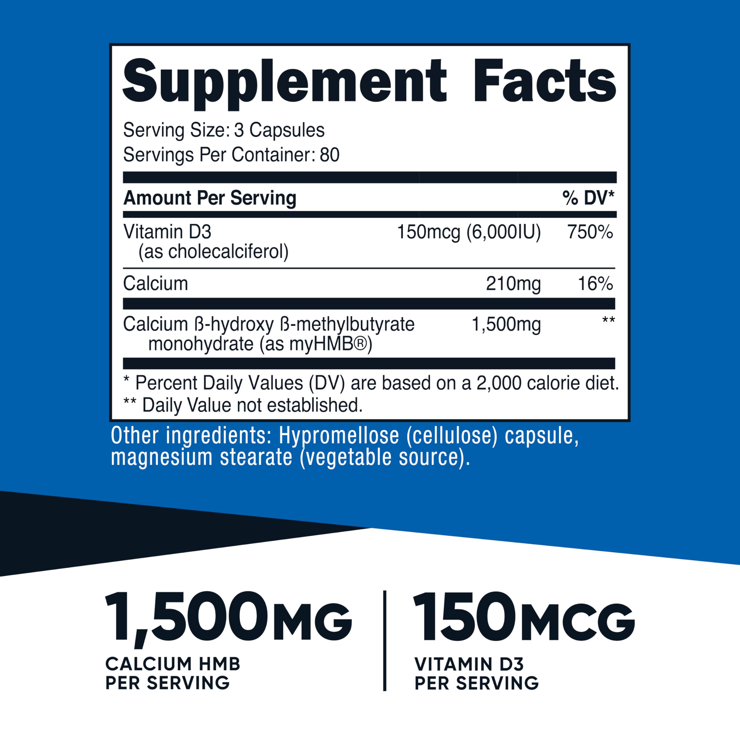 Nutricost HMB Vitamin D3 Supplement 240 capsules bottle side view