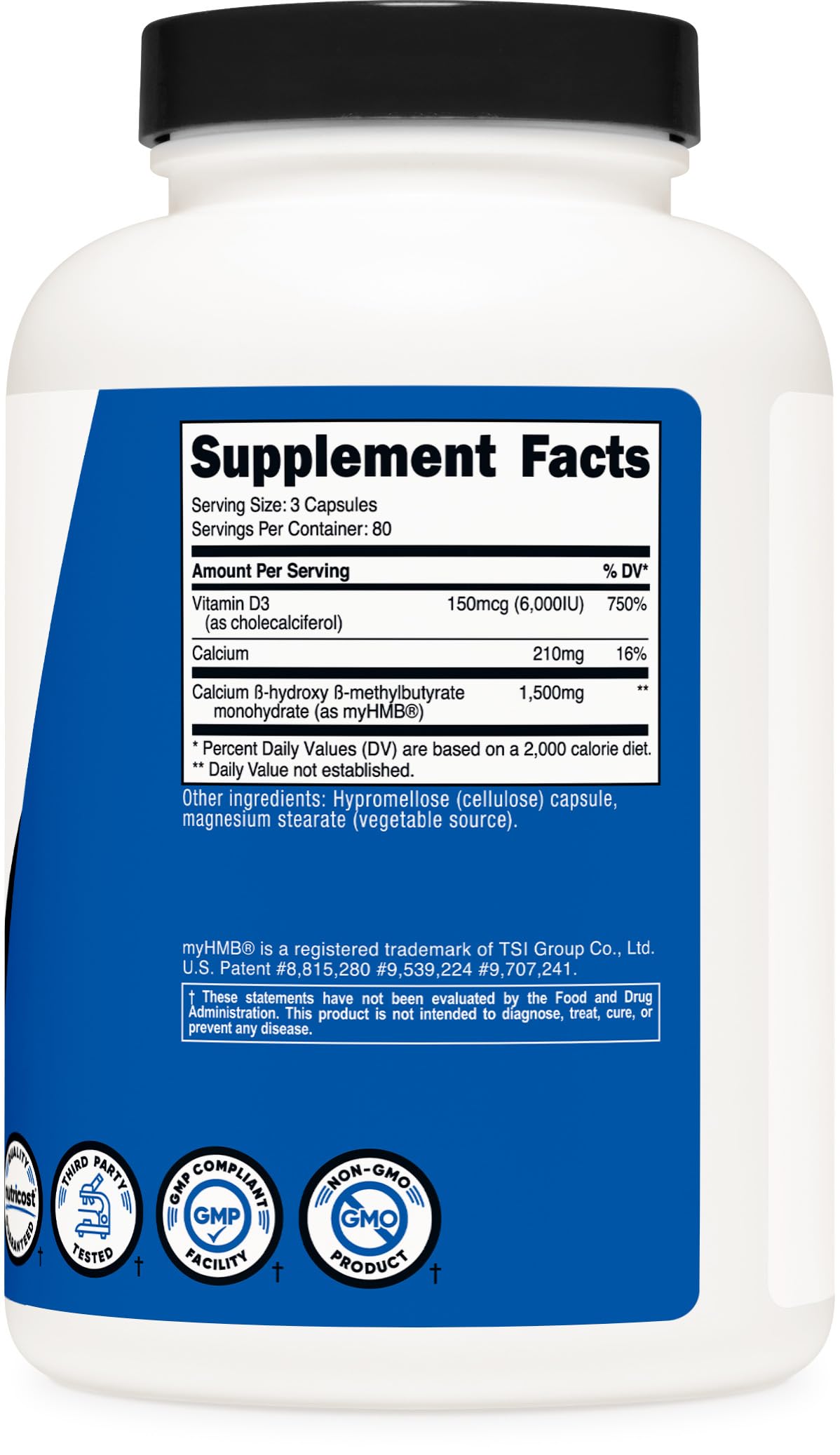Nutricost HMB Vitamin D3 Supplement bottle with capsules on a wooden table
