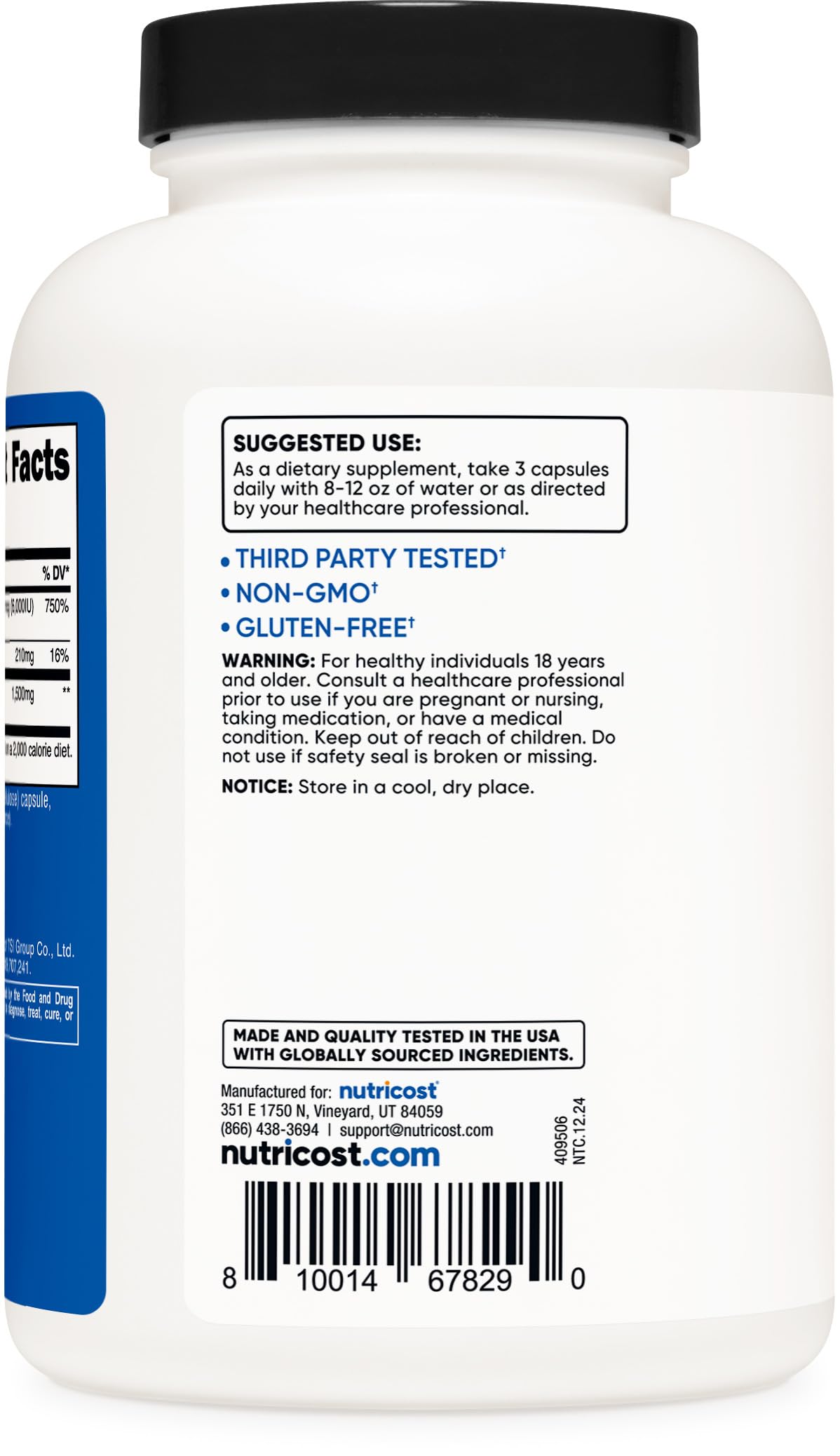 Nutricost HMB Vitamin D3 Supplement ingredients list on packaging