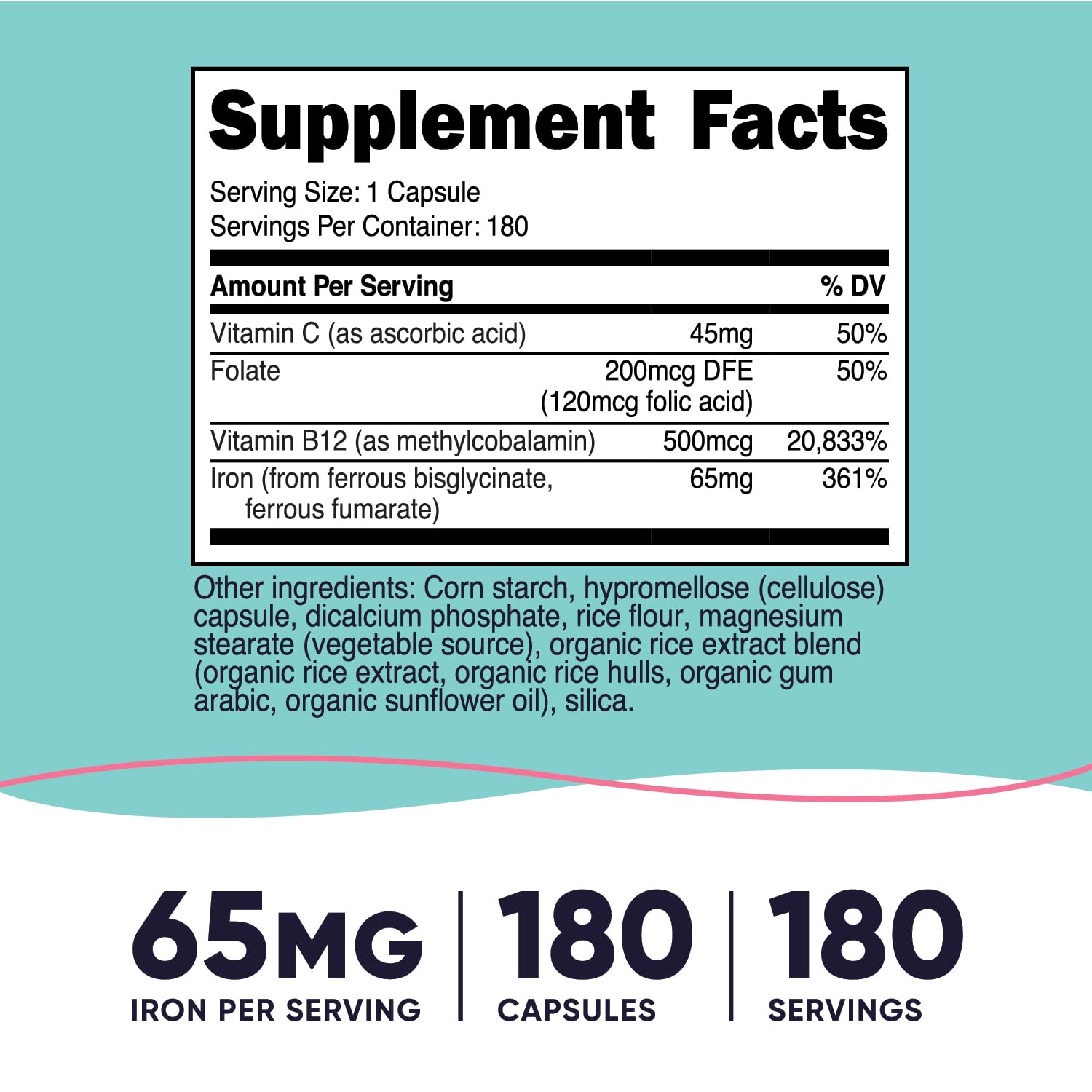 Nutricost Iron Supplement for Women 65mg 180 Capsules side view