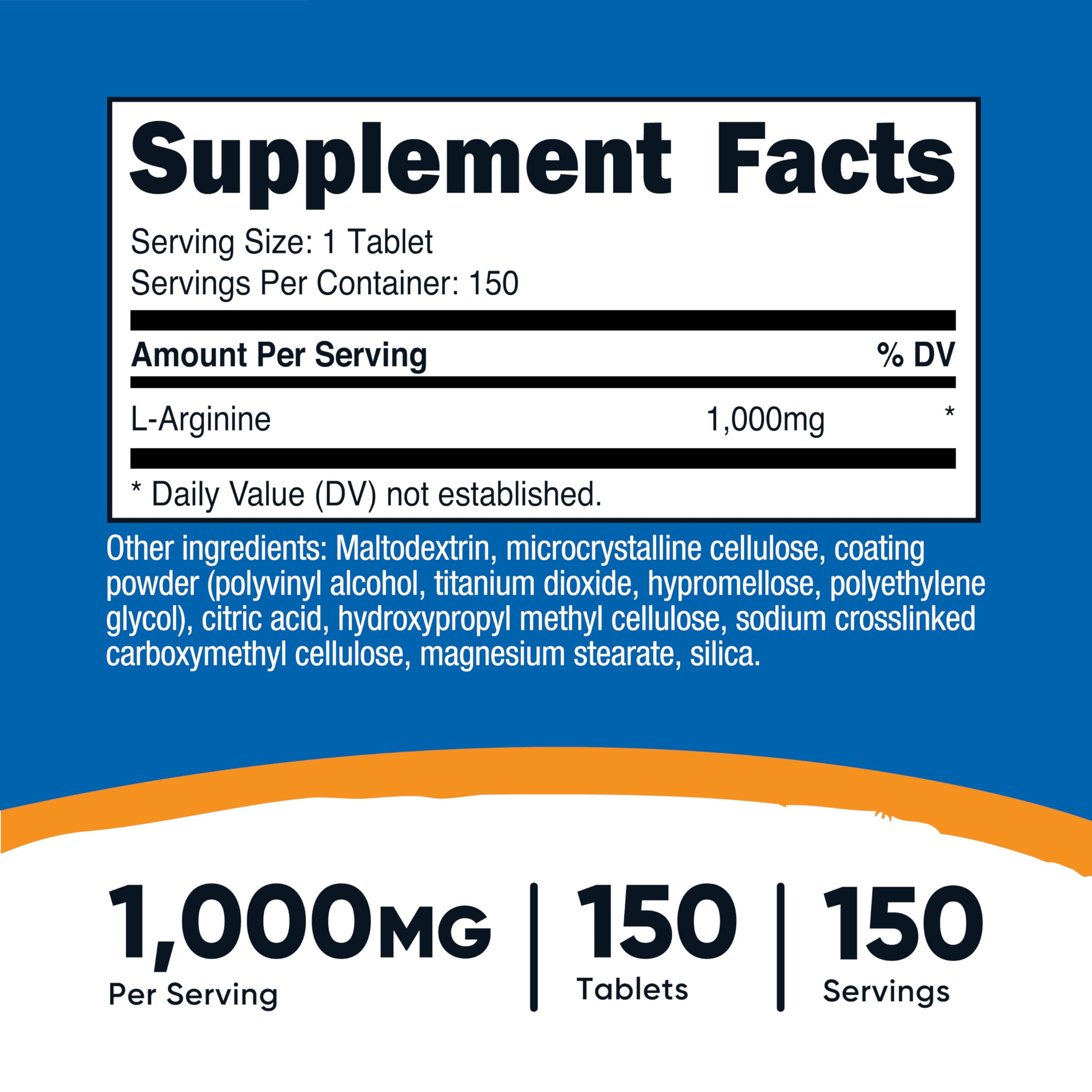 Nutricost L-Arginine 1000mg Tablets nutritional information
