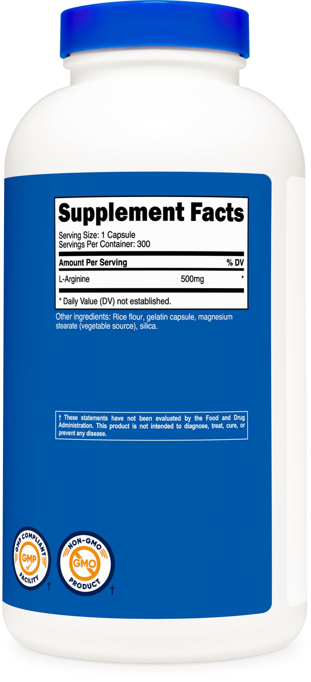 Nutricost L-Arginine 500mg capsules on a wooden table