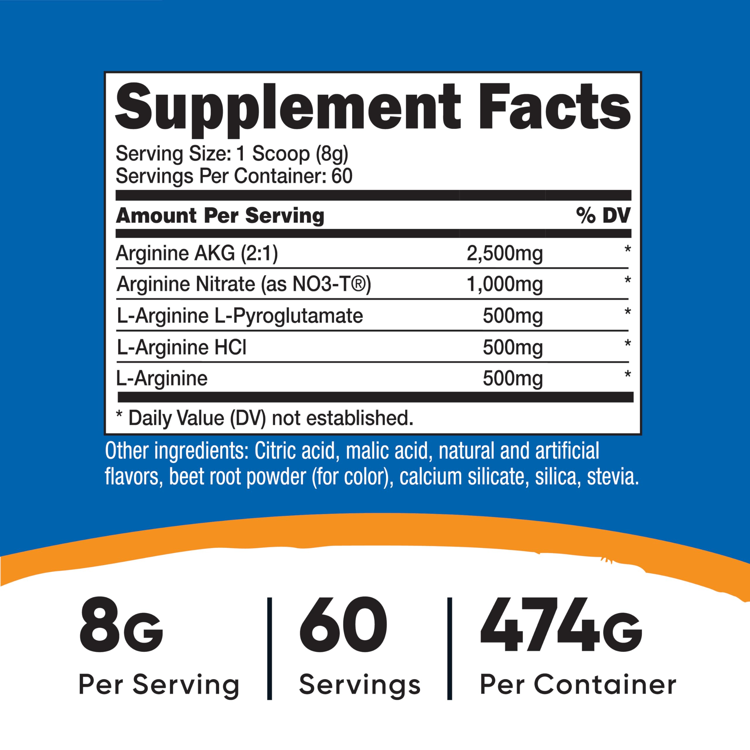 Nutricost L-Arginine Complex Powder 590g Blue Raspberry front view