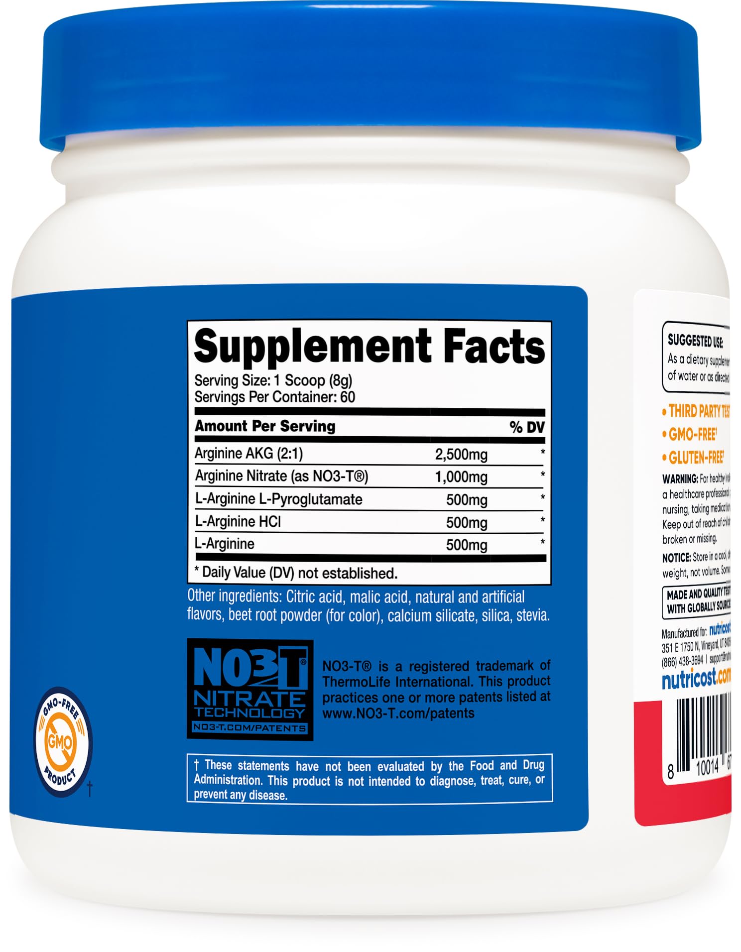 Nutricost L-Arginine Complex Powder 590g packaging with flavours