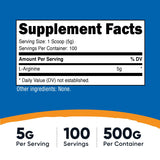 Nutricost L-Arginine Powder 500g back view with nutritional information