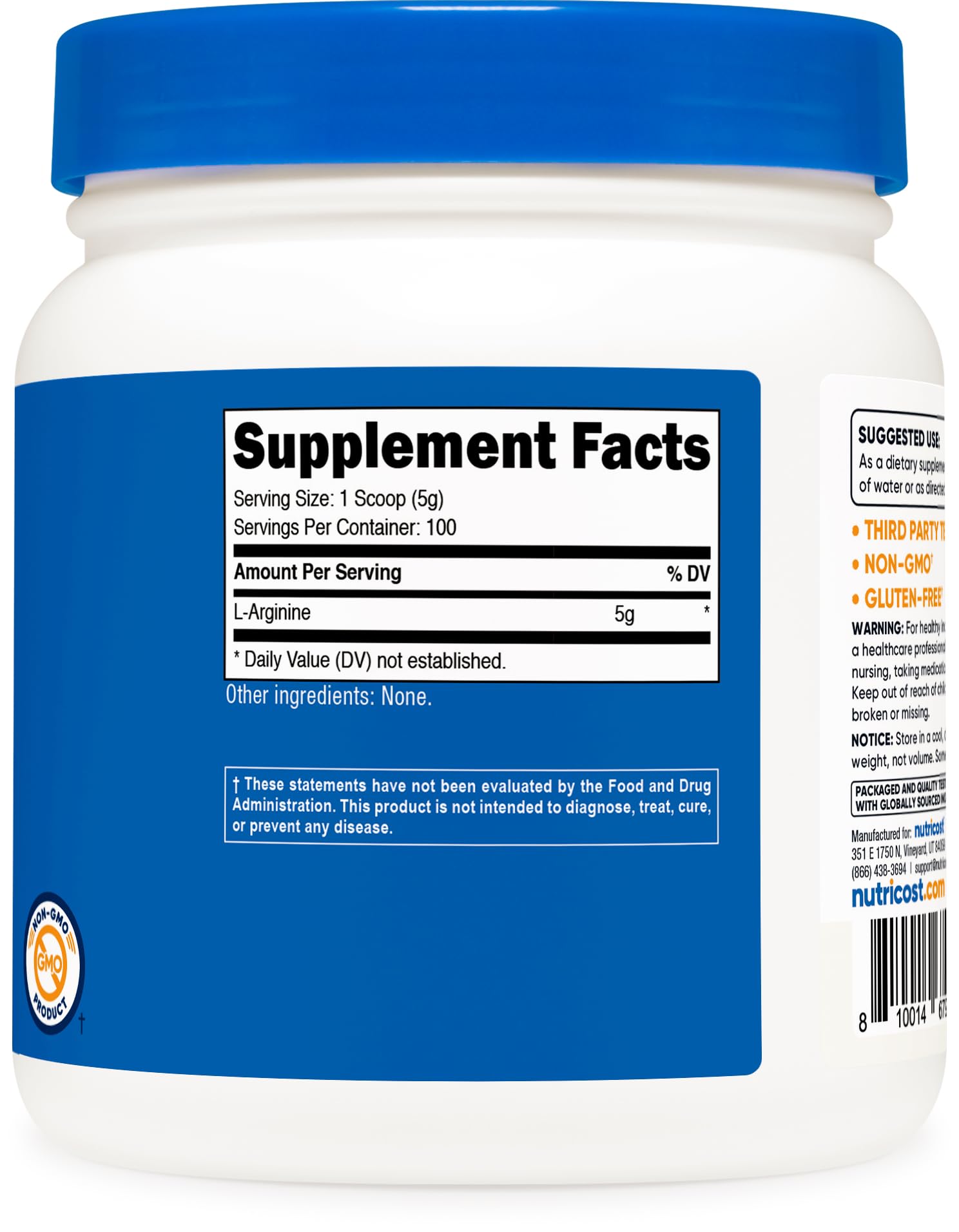 Nutricost L-Arginine Powder 500g lifestyle shot with a smoothie