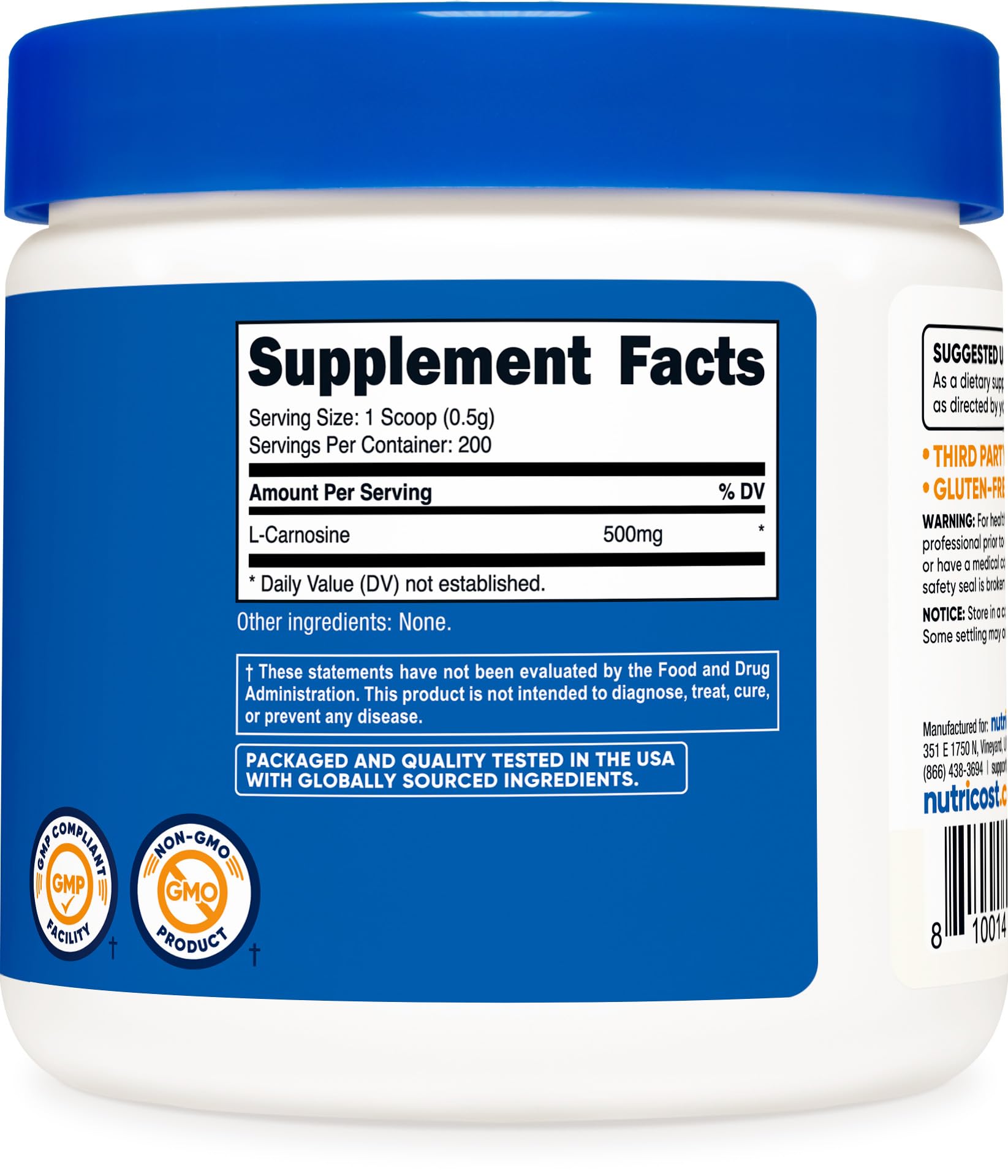 Nutricost L-Carnosine Powder 500MG serving size in a scoop