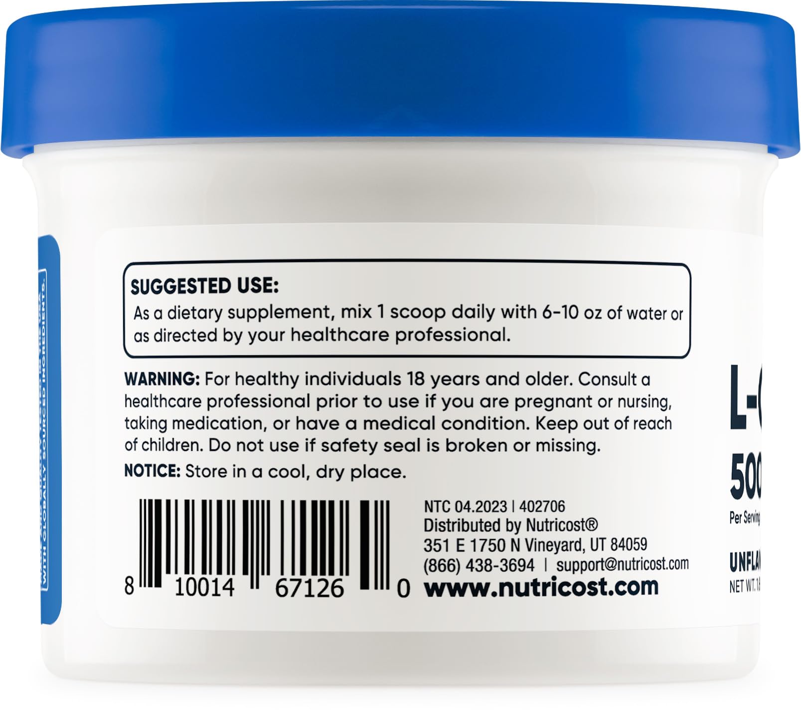 Nutricost L-Carnosine Powder back view with nutritional information
