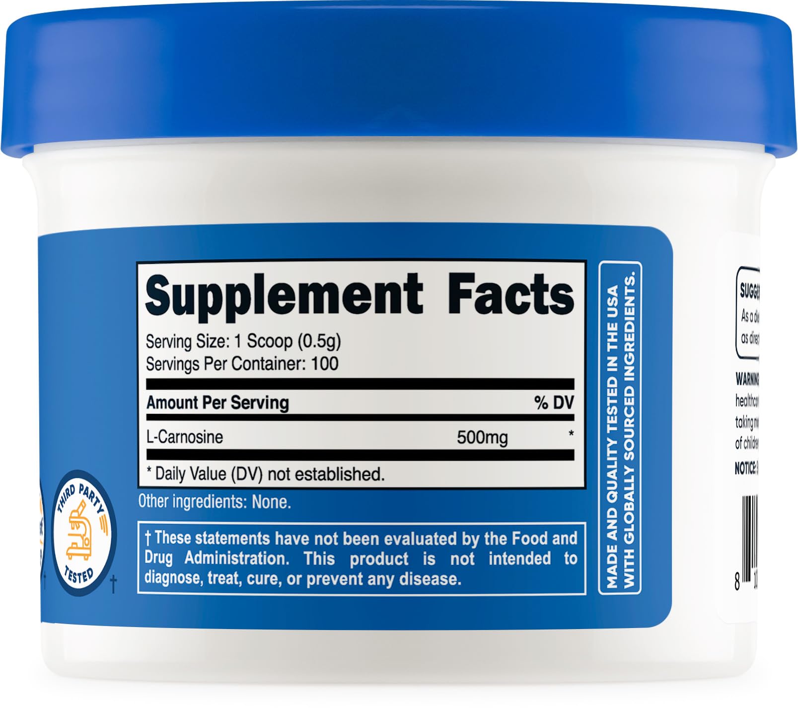 Nutricost L-Carnosine Powder side view showing dimensions