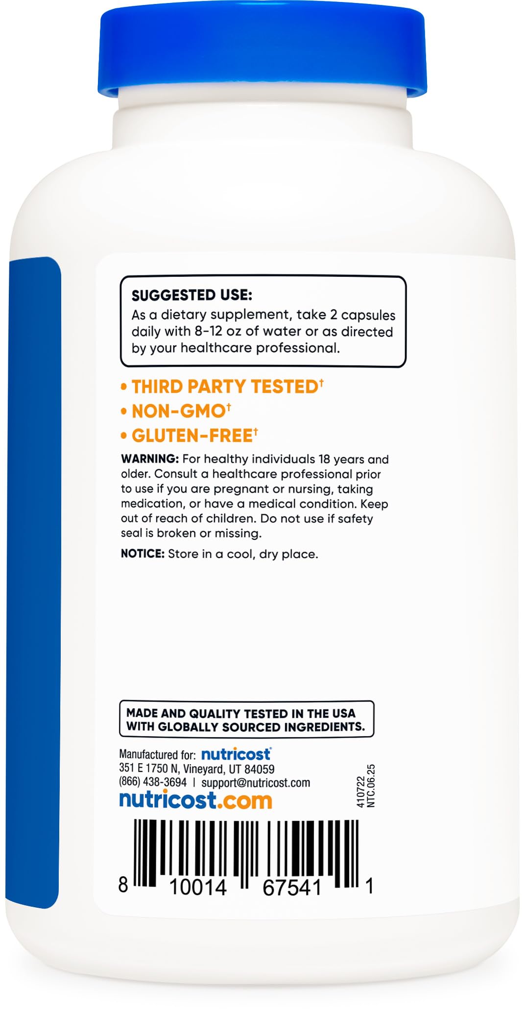 Nutricost L-Citrulline 750mg Capsules back view with ingredient list