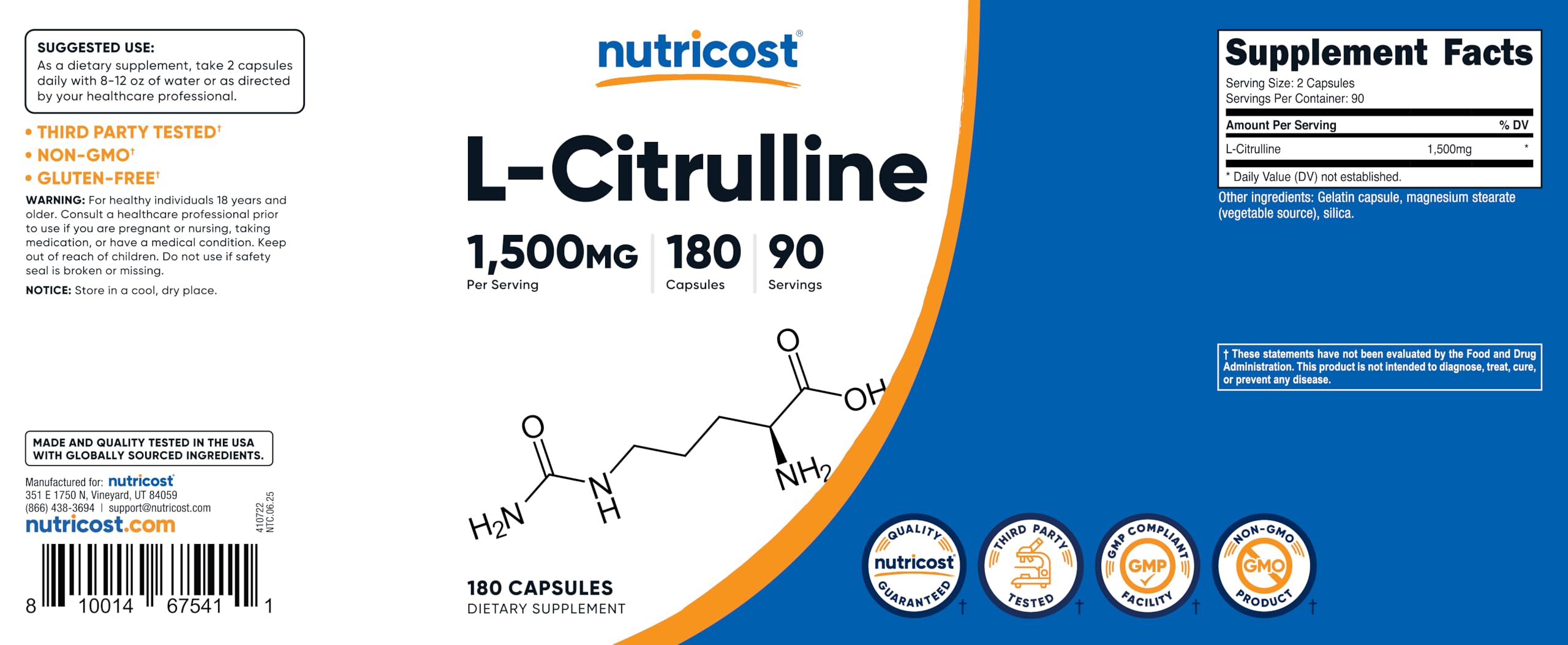 Nutricost L-Citrulline 750mg Capsules open bottle showing capsules