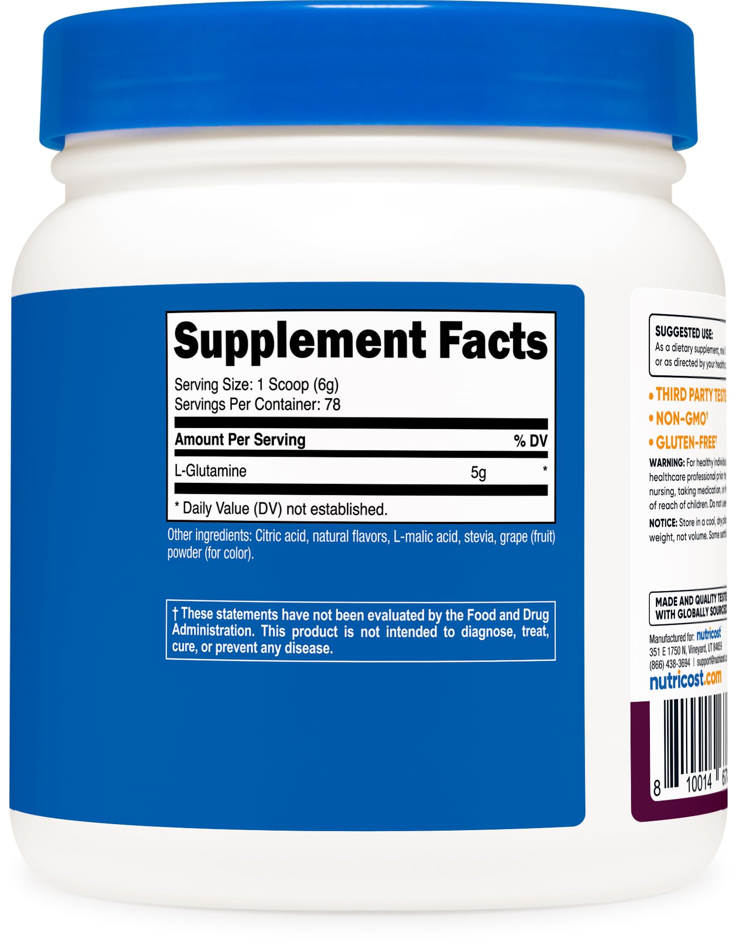 Nutricost L-Glutamine Powder 500g Blackberry Lemonade with ingredients