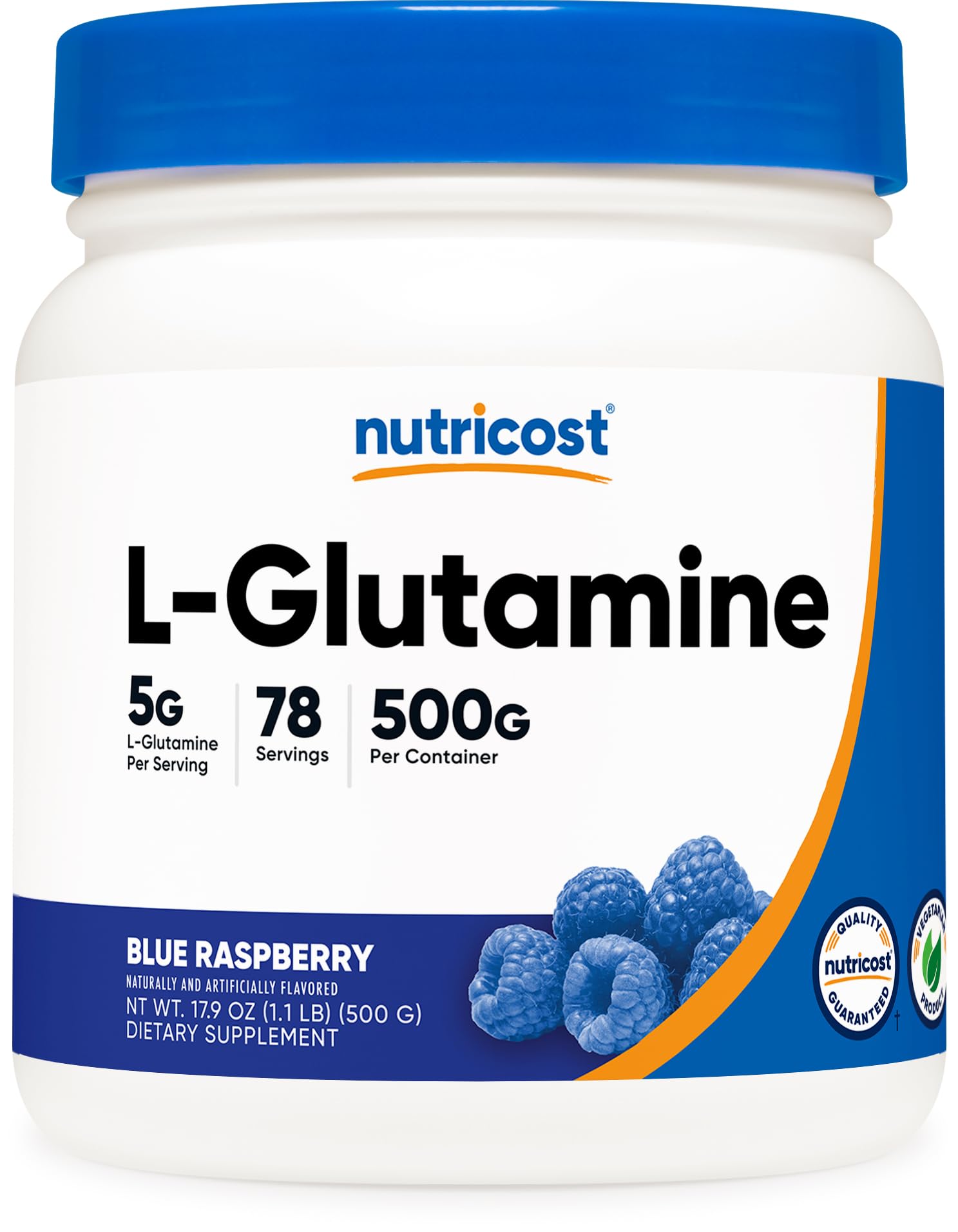 Nutricost L-Glutamine Powder 500g Blue Raspberry front view