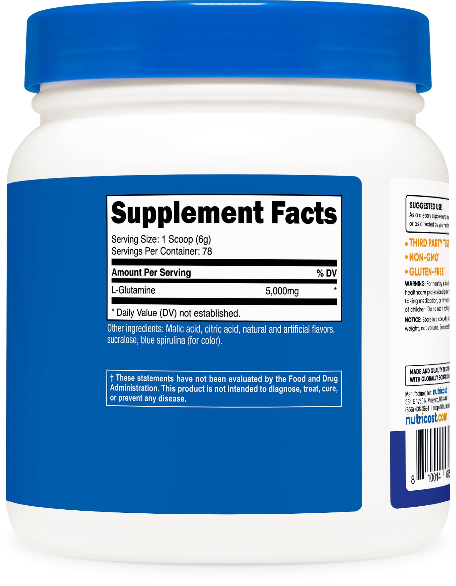 Nutricost L-Glutamine Powder 500g packaging details