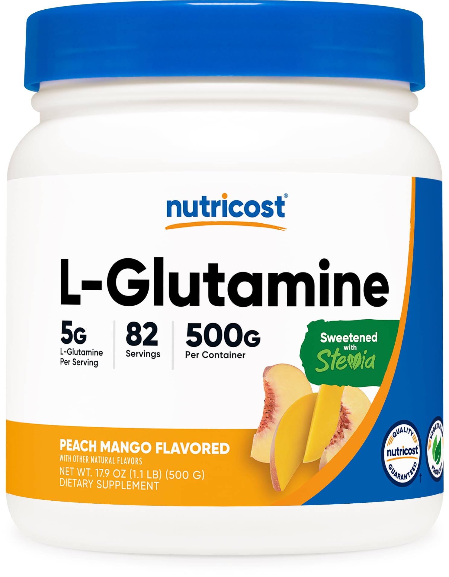 Nutricost L-Glutamine Powder 500g Peach Mango flavour front view
