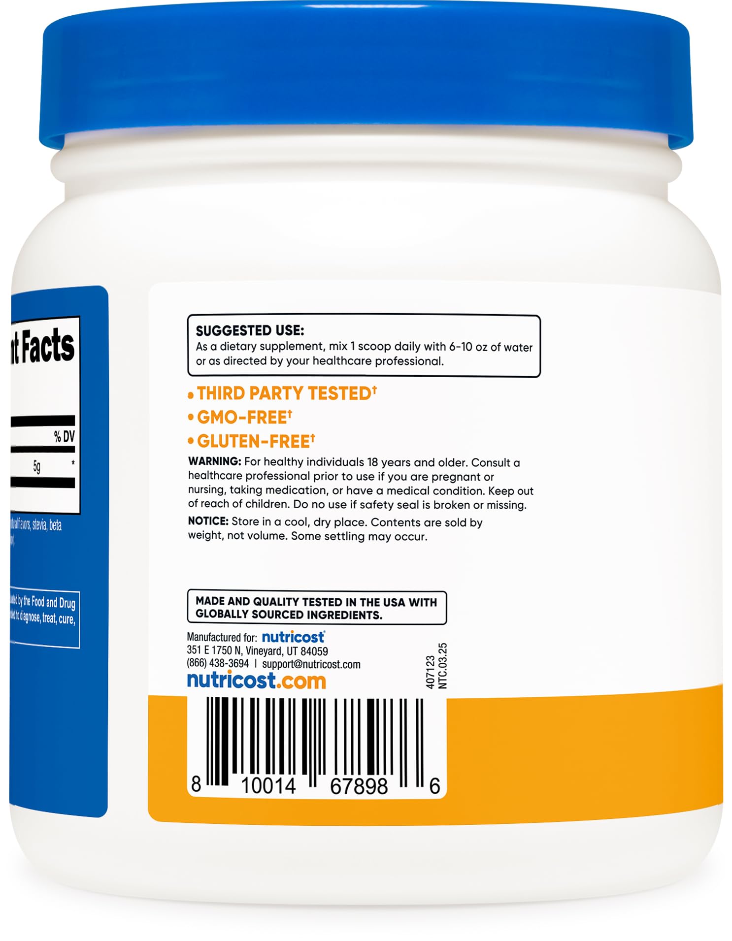 Nutricost L-Glutamine Powder 500g Peach Mango flavour scoop