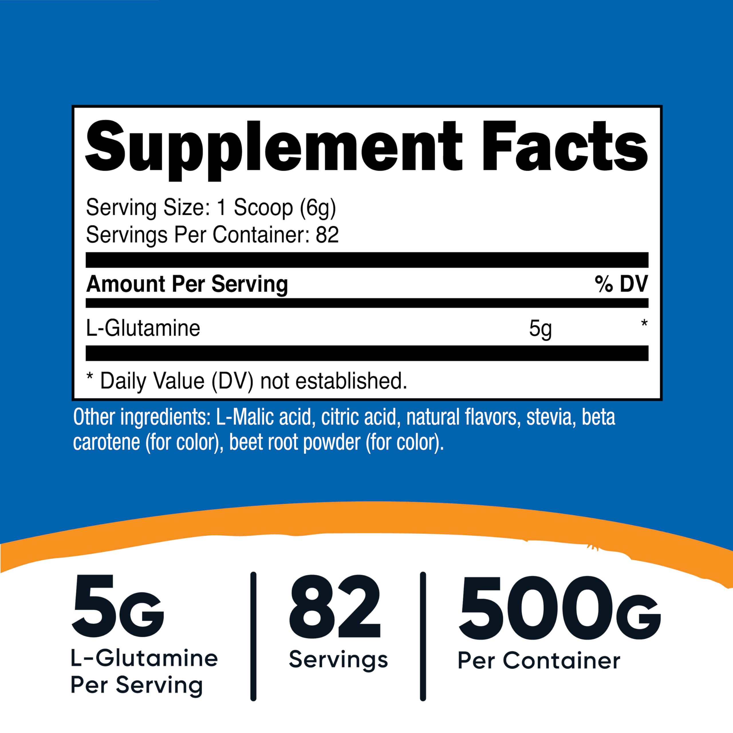 Nutricost L-Glutamine Powder 500g Peach Mango flavour side view