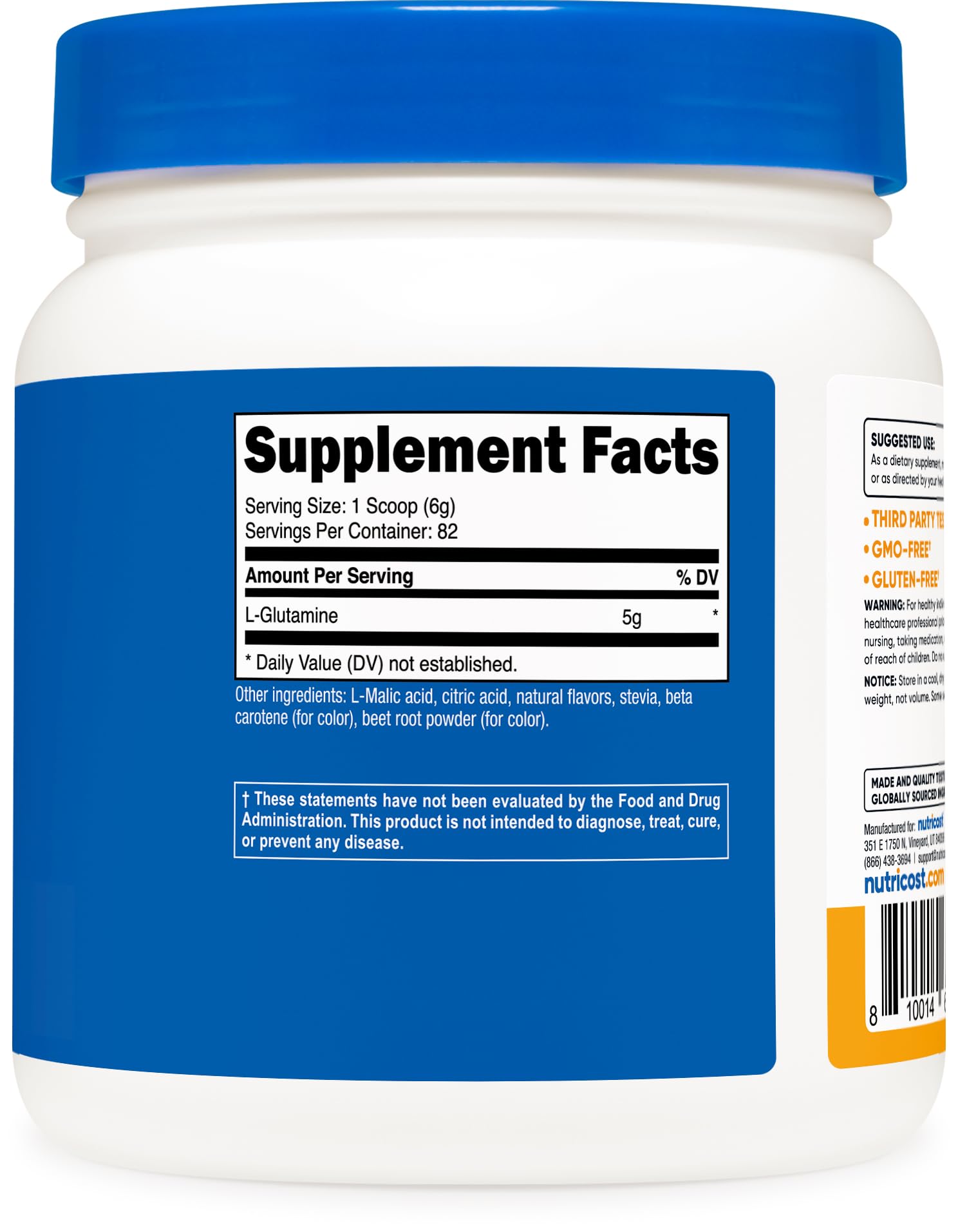 Nutricost L-Glutamine Powder 500g Peach Mango flavour with ingredients