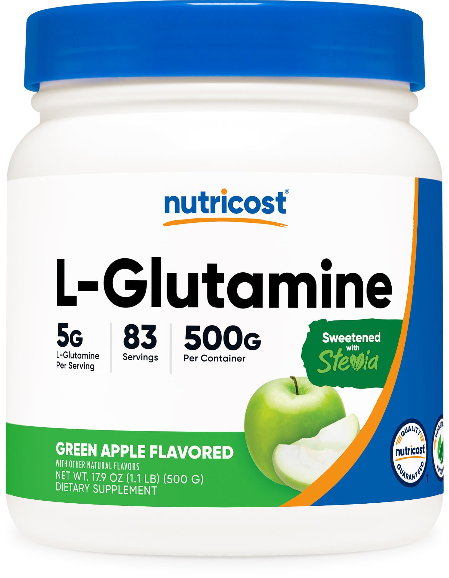 Nutricost L-Glutamine Powder Green Apple 500g front view