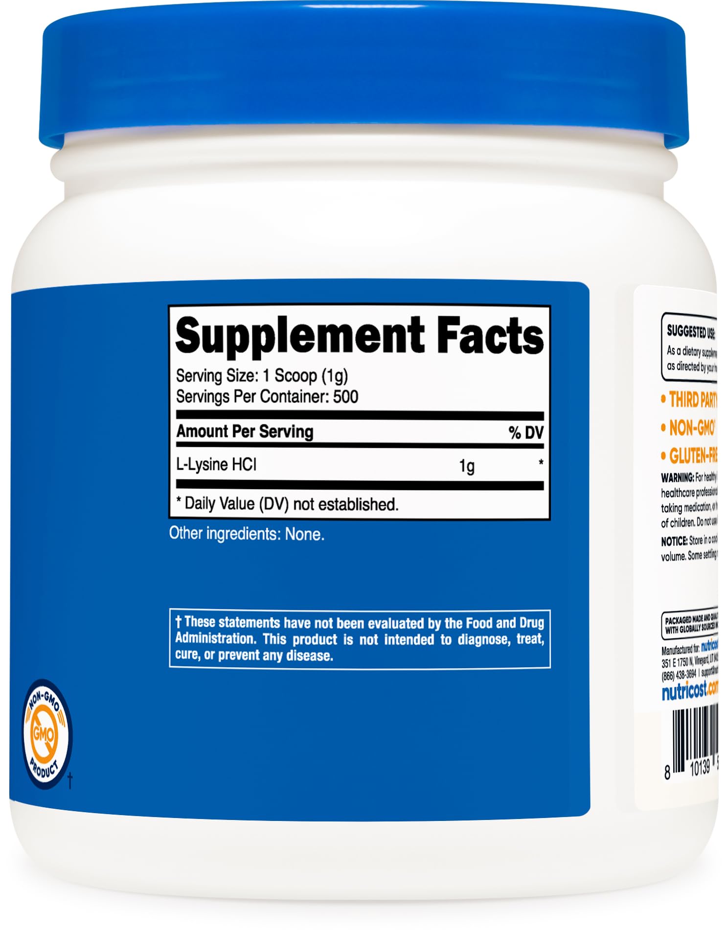 Nutricost L-Lysine Powder 500g with measuring scoop