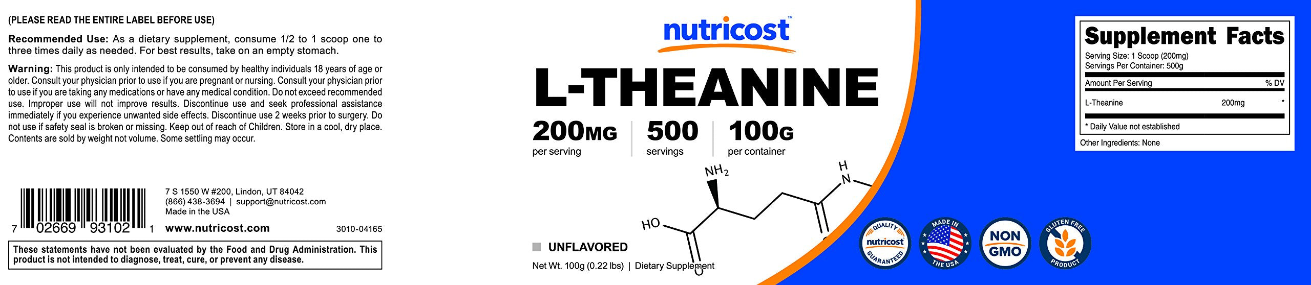 Nutricost L-Theanine Powder 100g with a measuring scoop