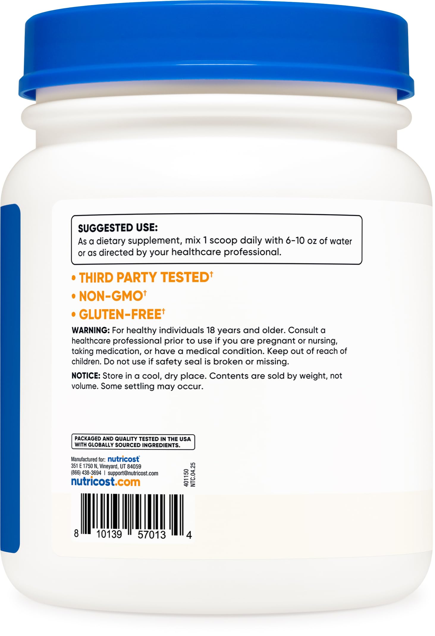 Nutricost L-Tyrosine Powder 500g with a scoop on a wooden table