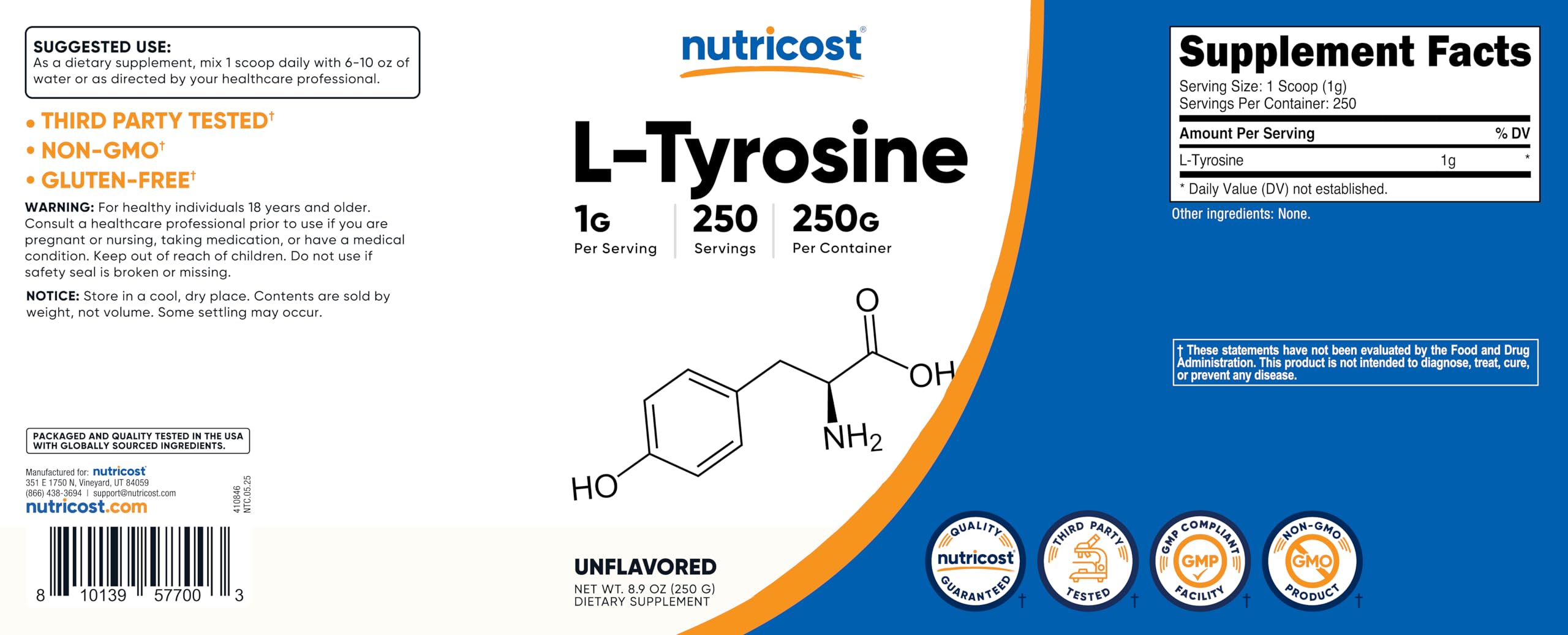 Nutricost L-Tyrosine Powder label close-up