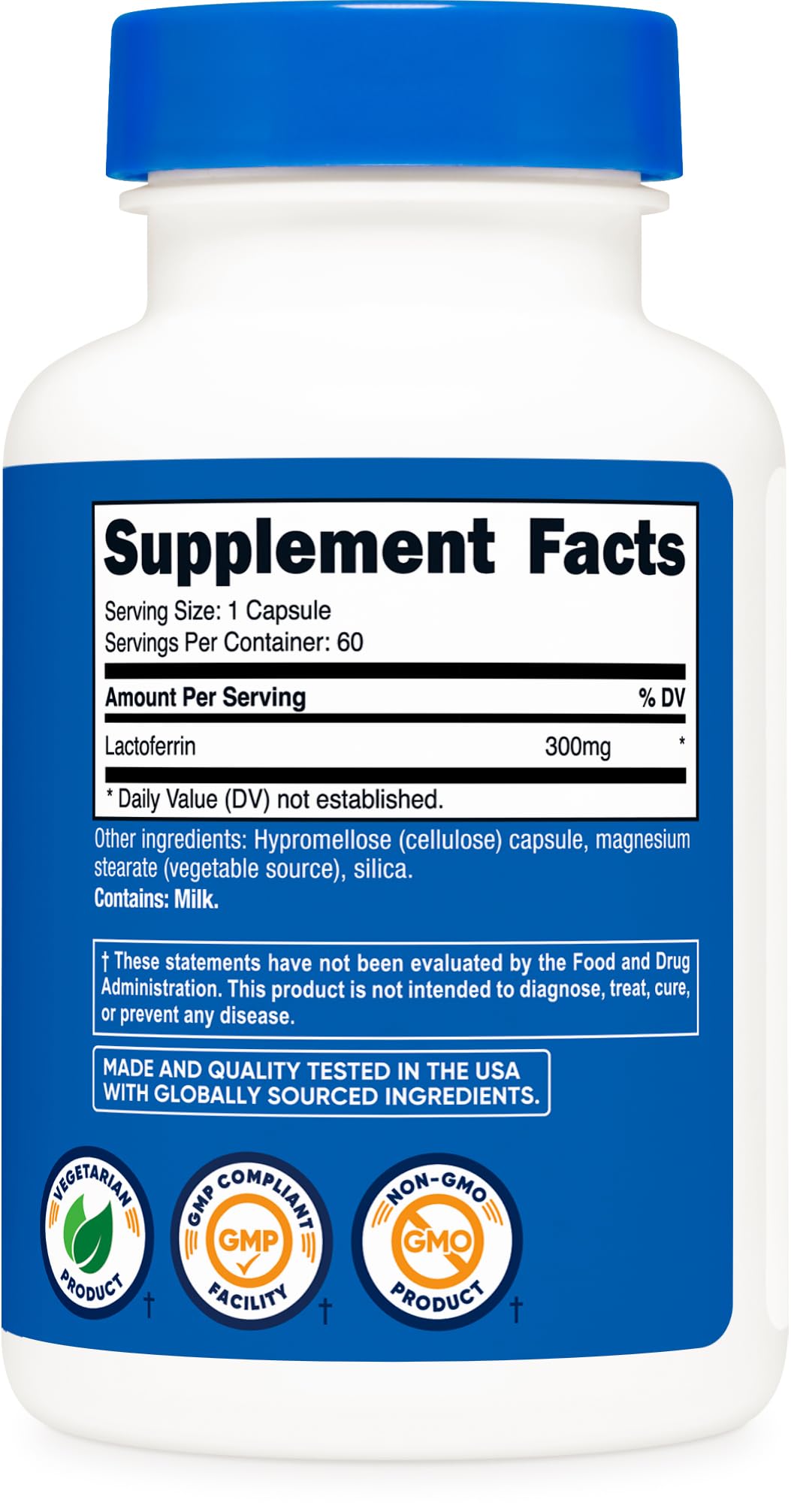 Nutricost Lactoferrin Capsules 300mg bottle with capsules on a table