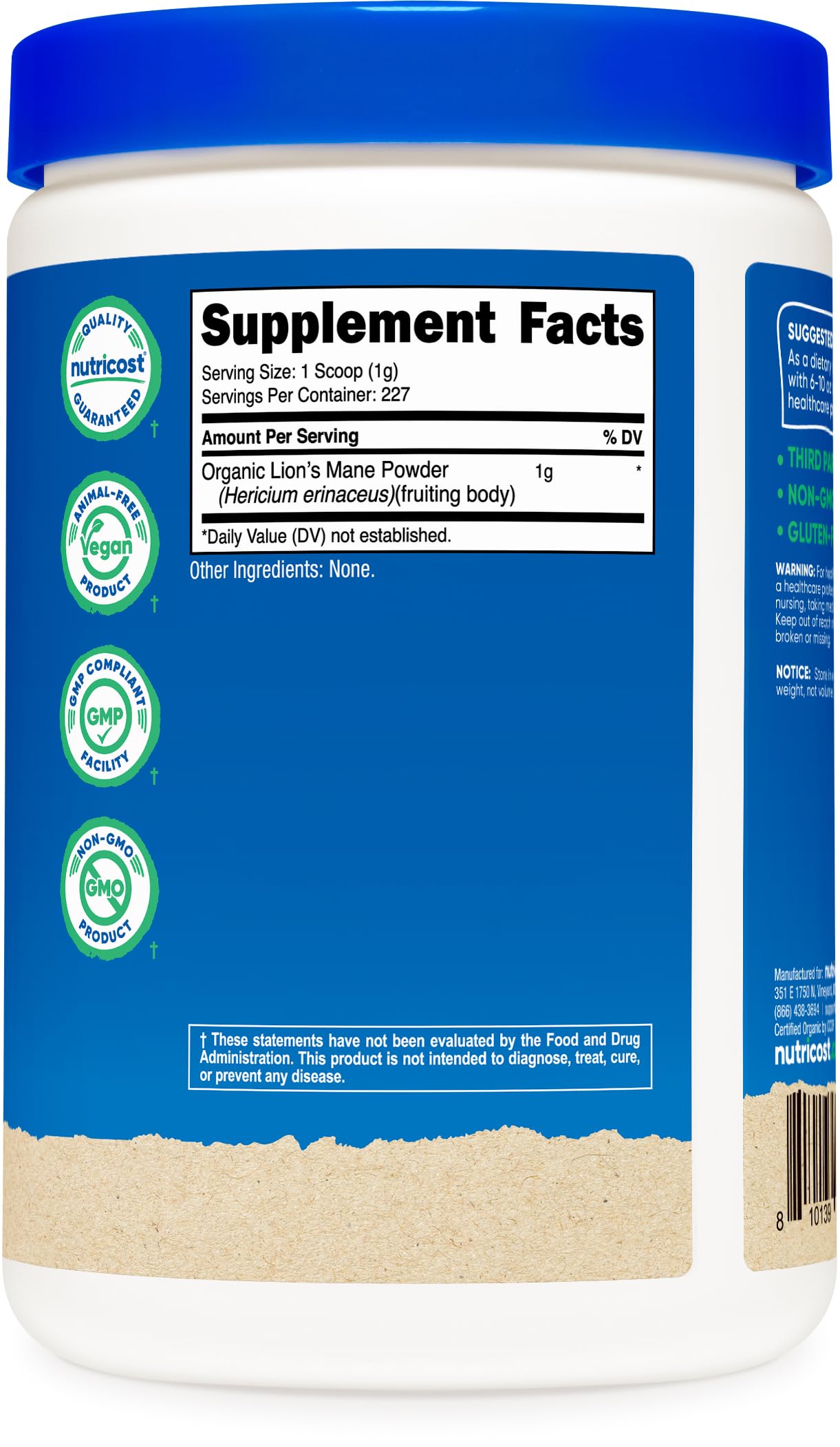 Nutricost Lion's Mane Mushroom Powder back view with nutritional information