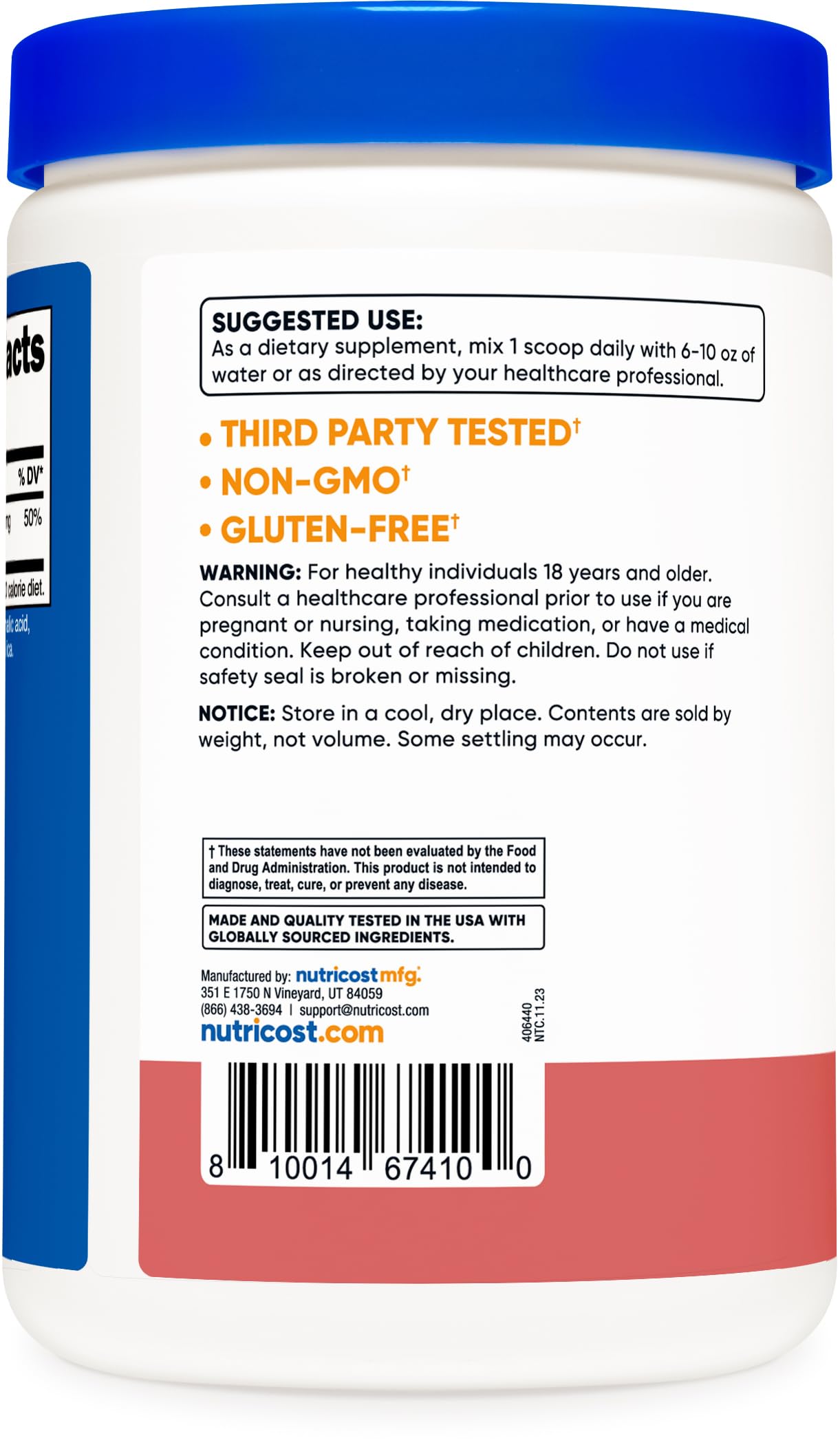 Nutricost Magnesium Citrate Powder 500g packaging side view