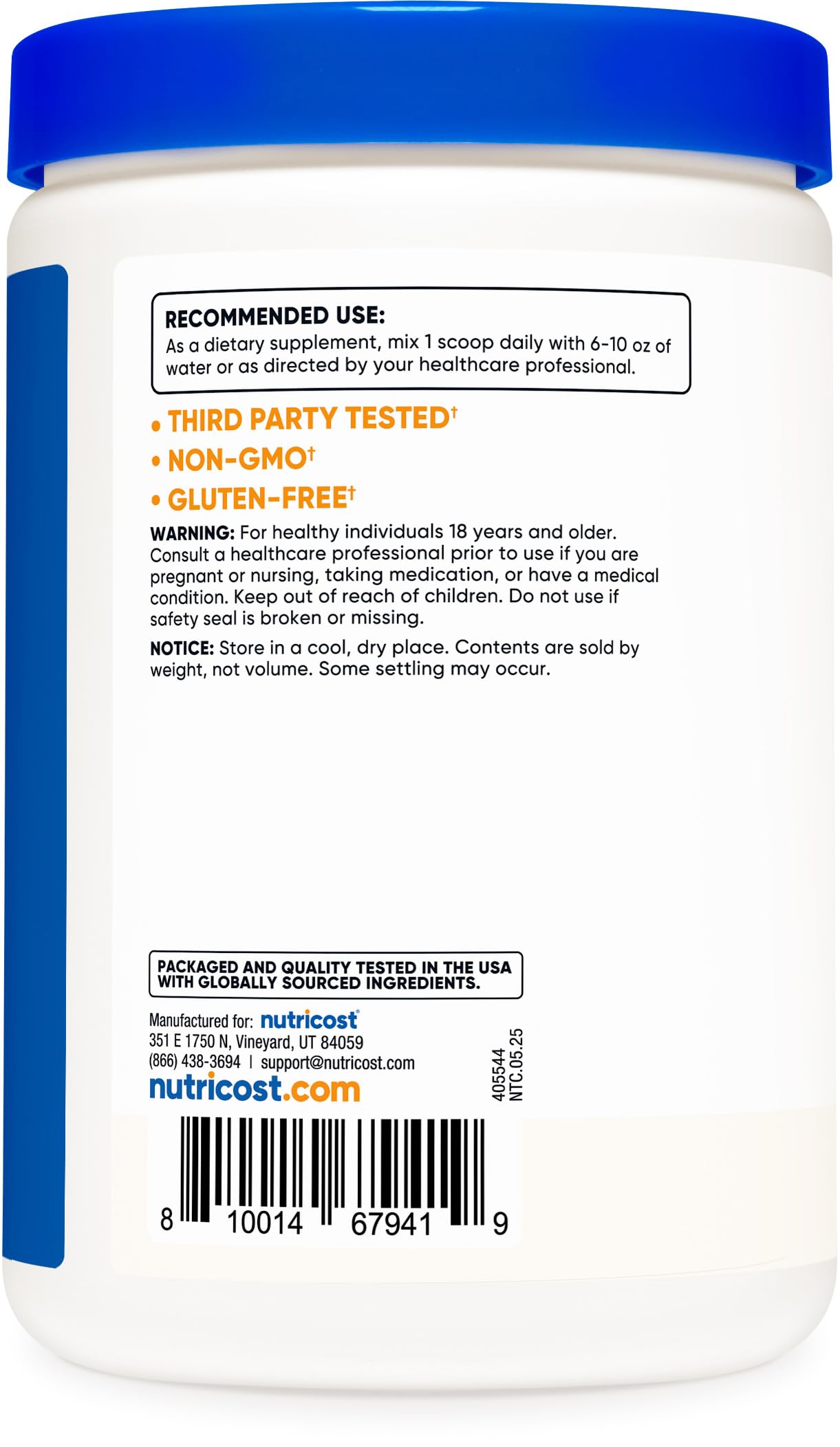 Nutricost Magnesium Citrate Powder 500G side view