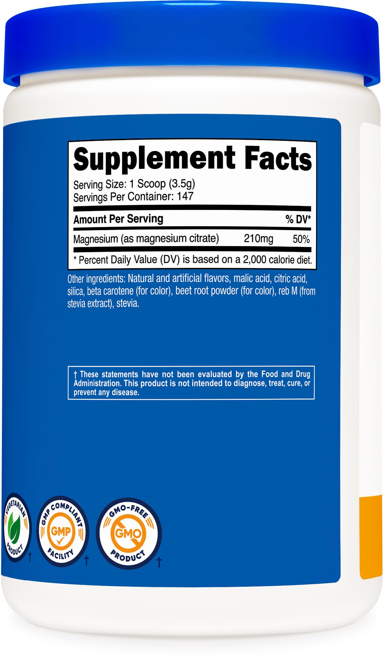 Nutricost Magnesium Citrate Powder 500g side view showing product details