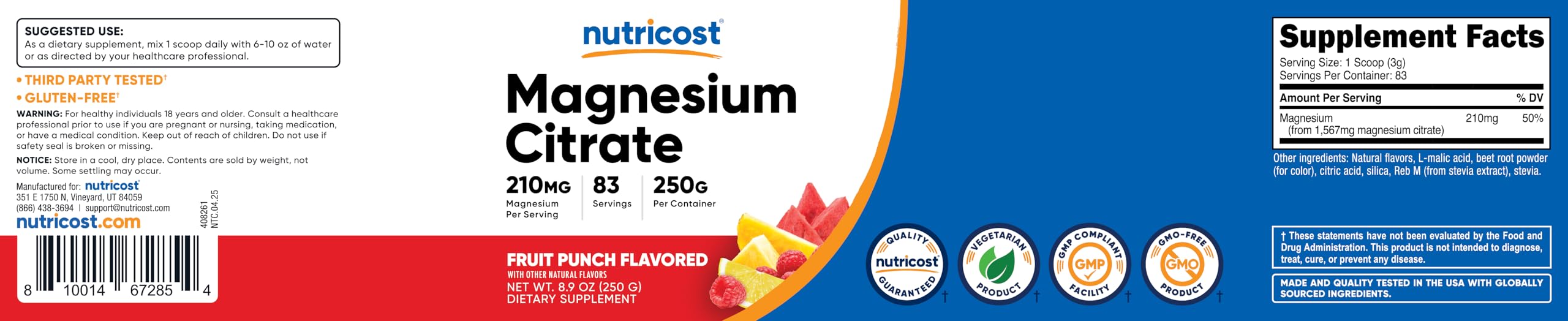 Nutricost Magnesium Glycinate Powder 250G with fruits for flavour support