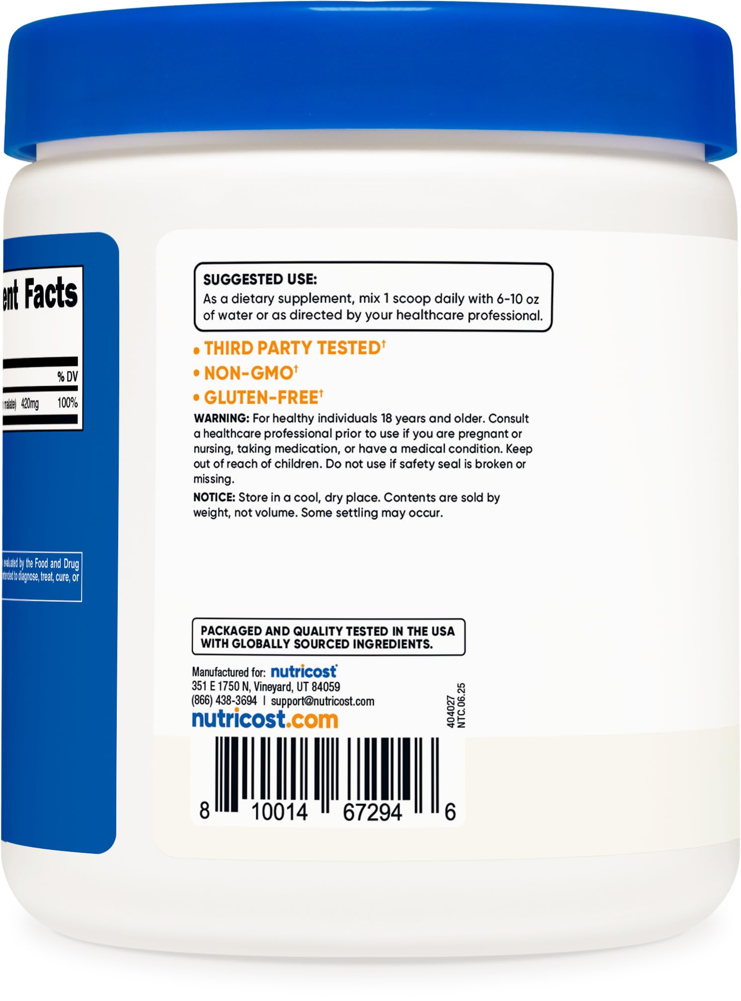 Nutricost Magnesium Malate Powder 300g side view