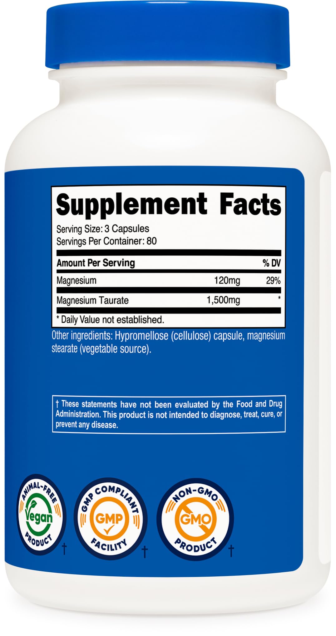 Nutricost Magnesium Taurate Capsules on a wooden table with natural lighting