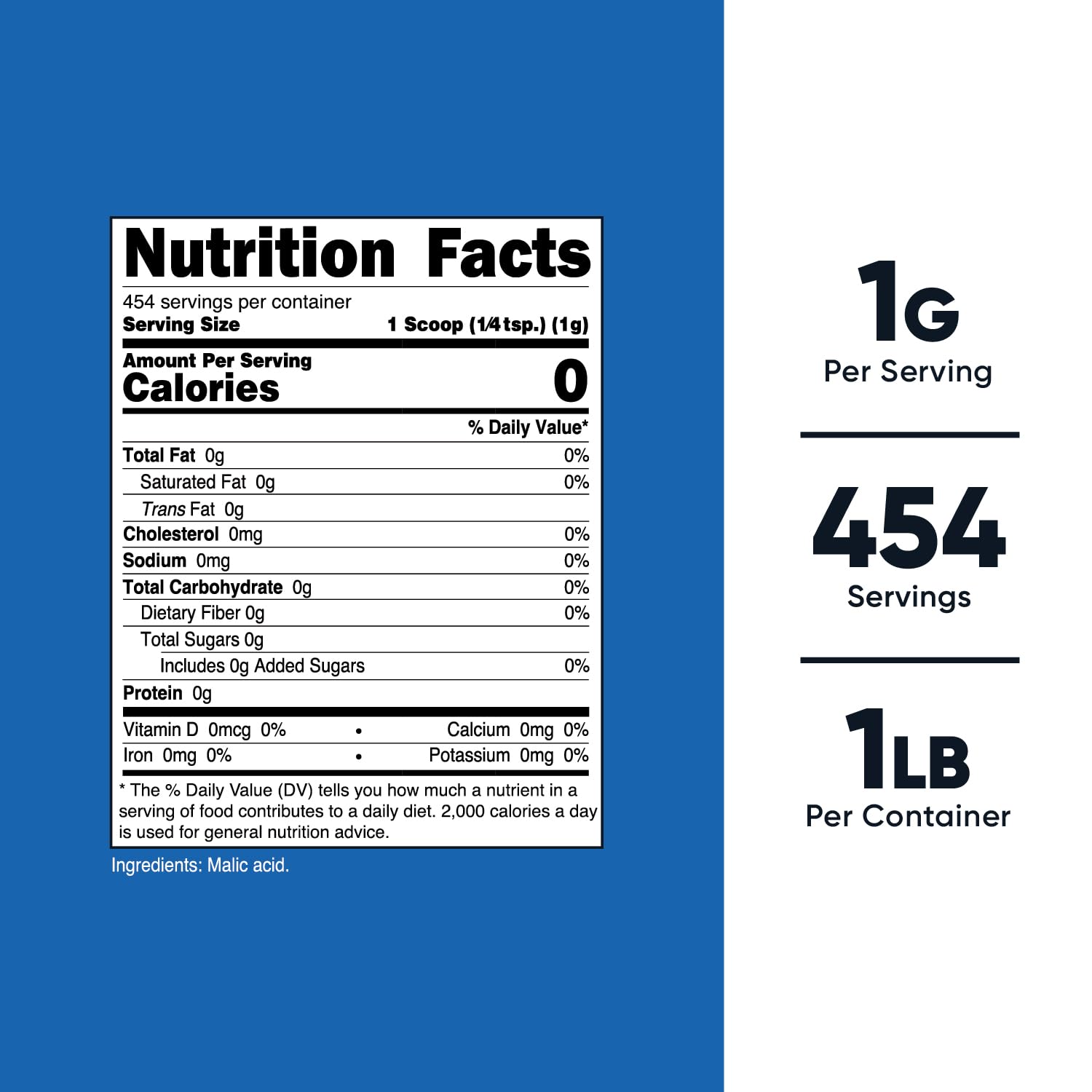 Nutricost Malic Acid Powder 1LB back view showing ingredients