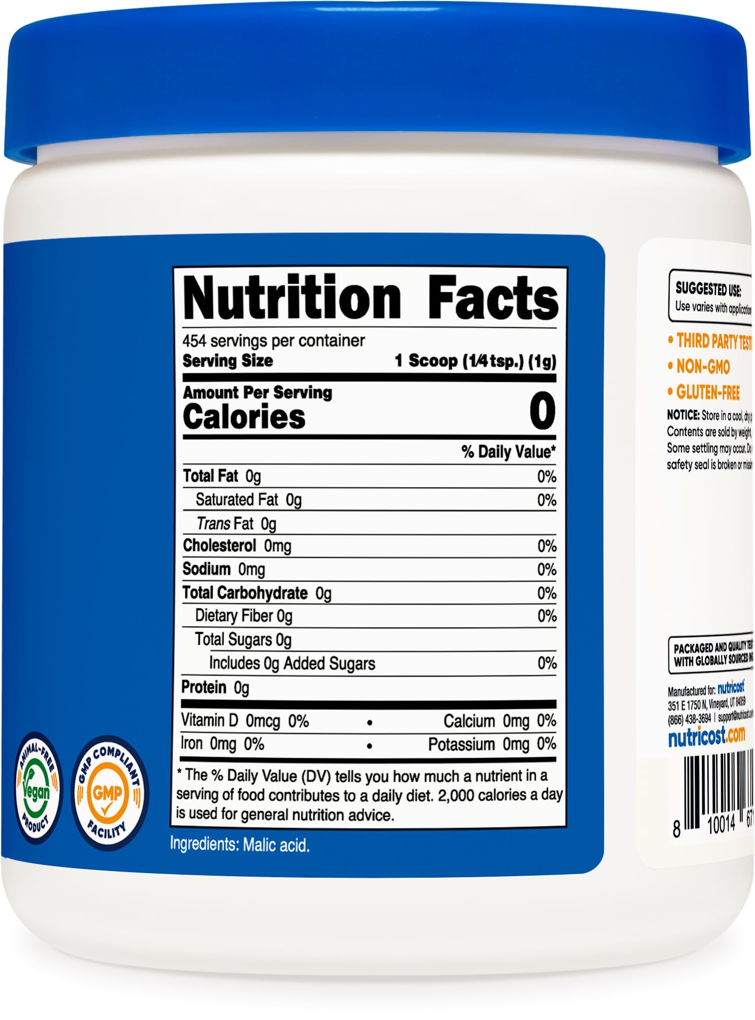 Nutricost Malic Acid Powder 1LB packaging on a kitchen counter