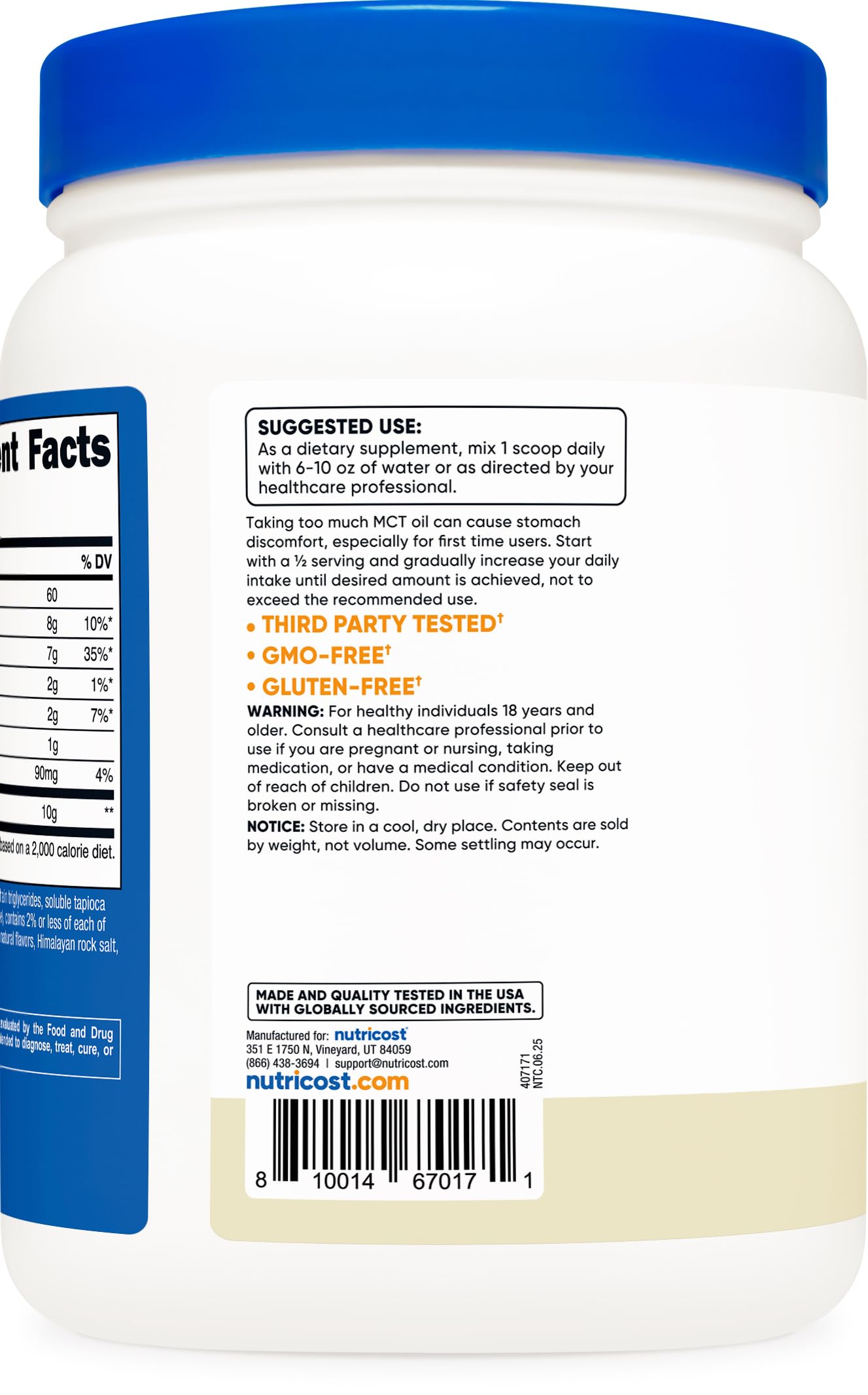 Nutricost MCT Oil Powder 1LB Vanilla Flavour packaging