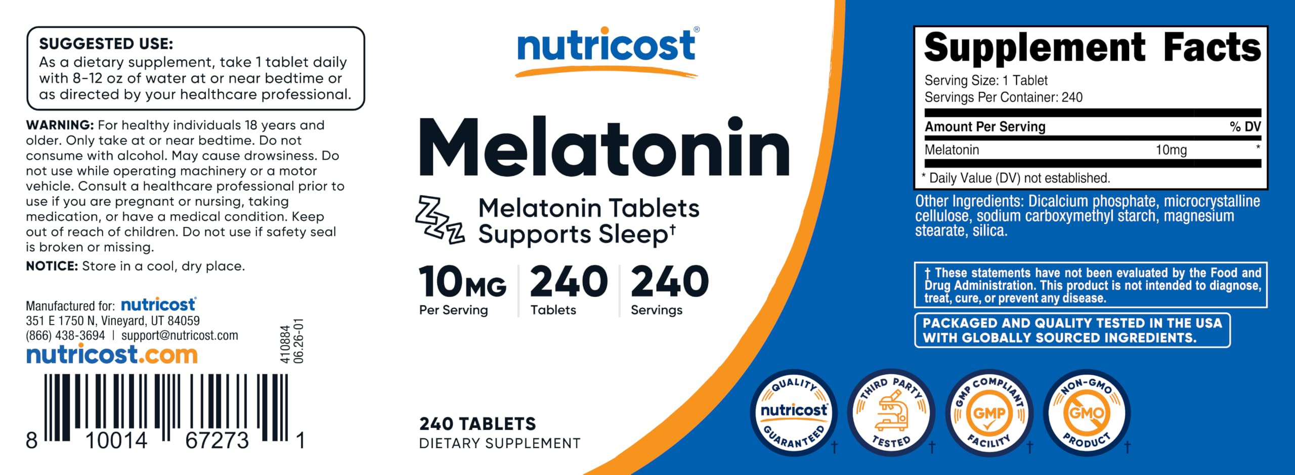 Nutricost Melatonin 10mg 240 Tablets packaging details
