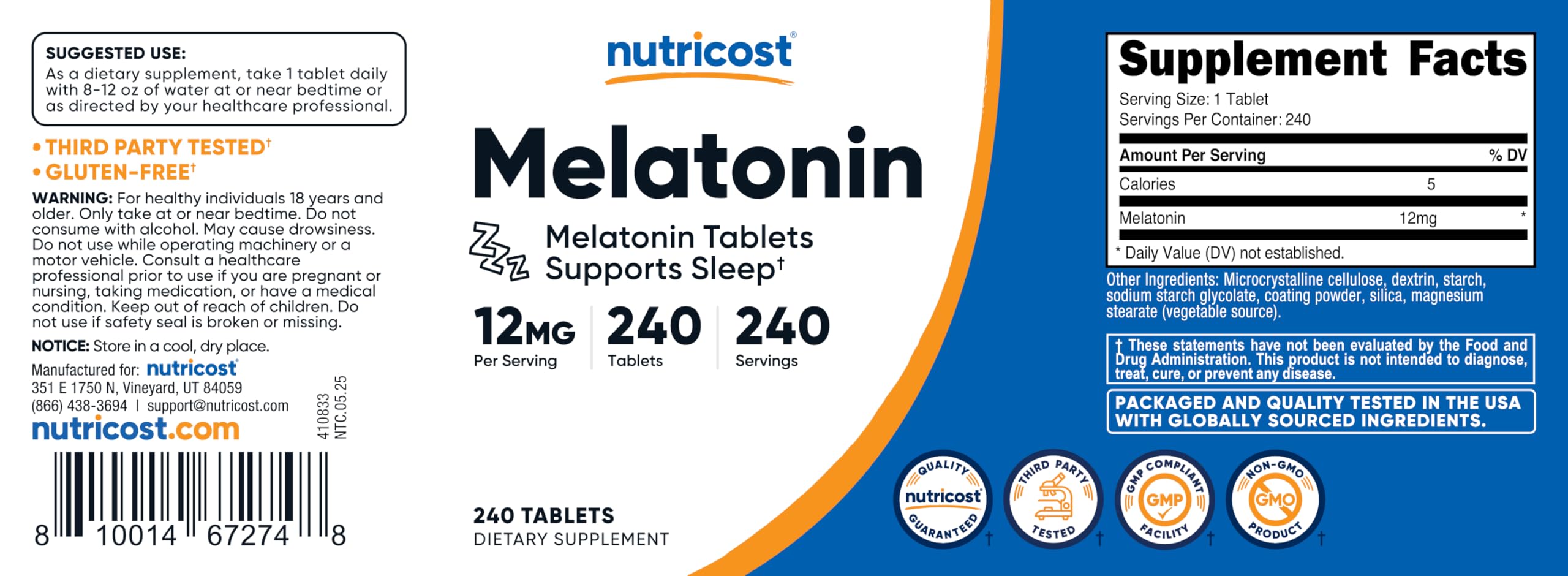 Nutricost Melatonin 240 Tablets back view with ingredients