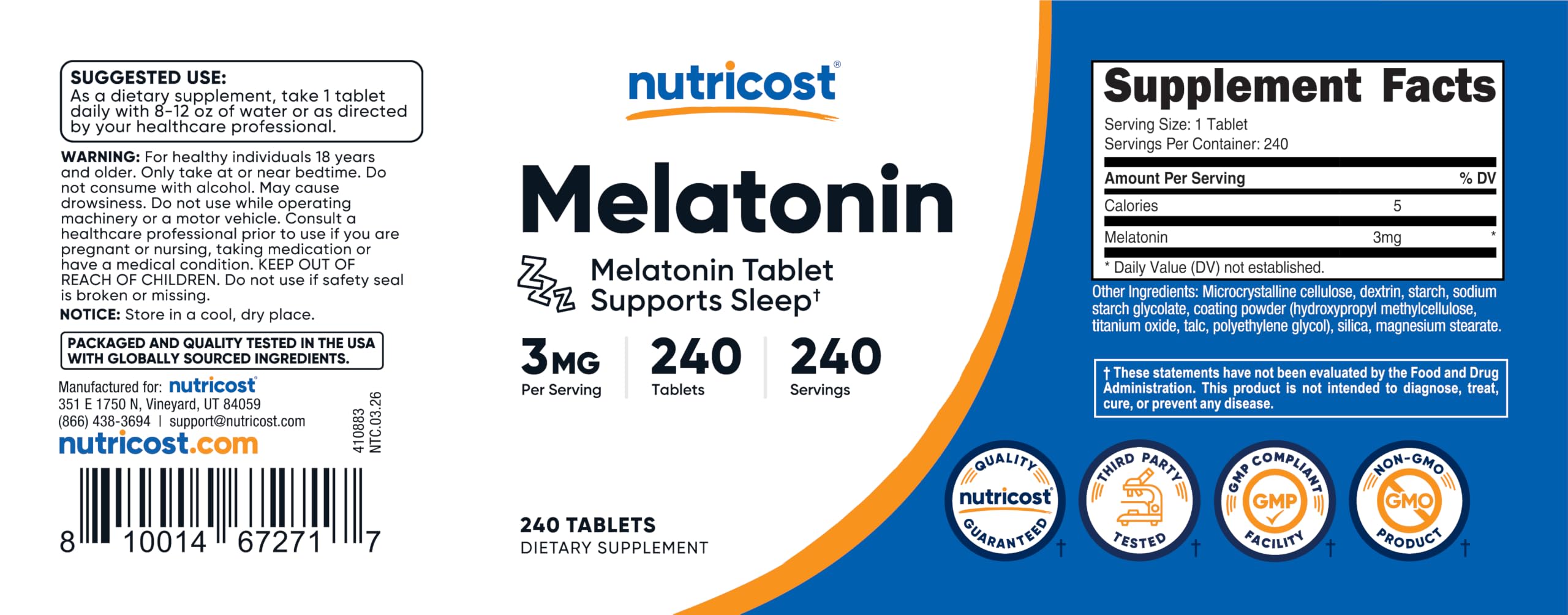 Nutricost Melatonin 3mg 240 Tablets with measuring cup