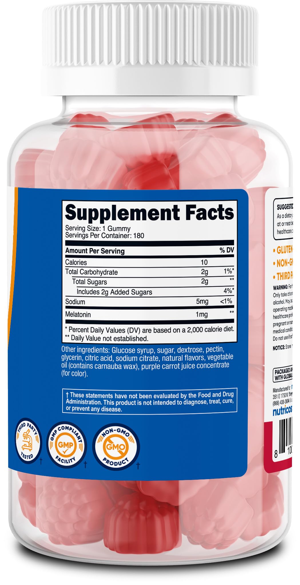 Nutricost Melatonin Gummies with a hand holding a gummy