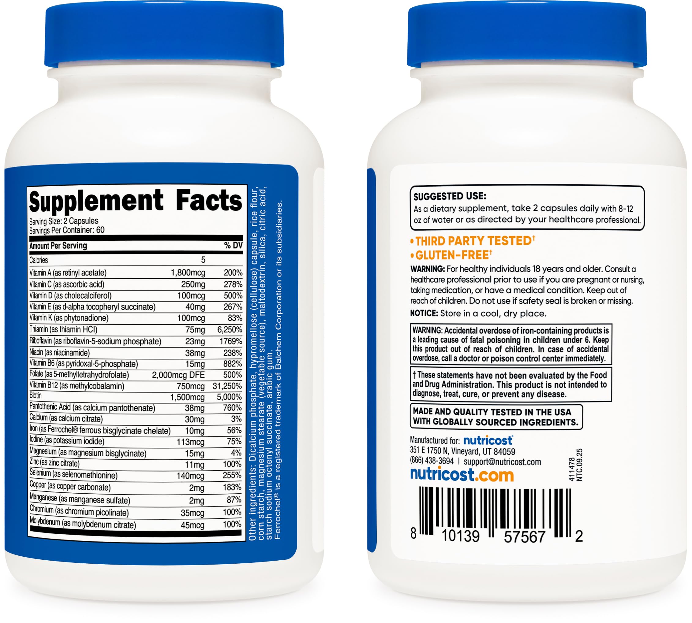 Nutricost Methylated Multivitamin ingredients list