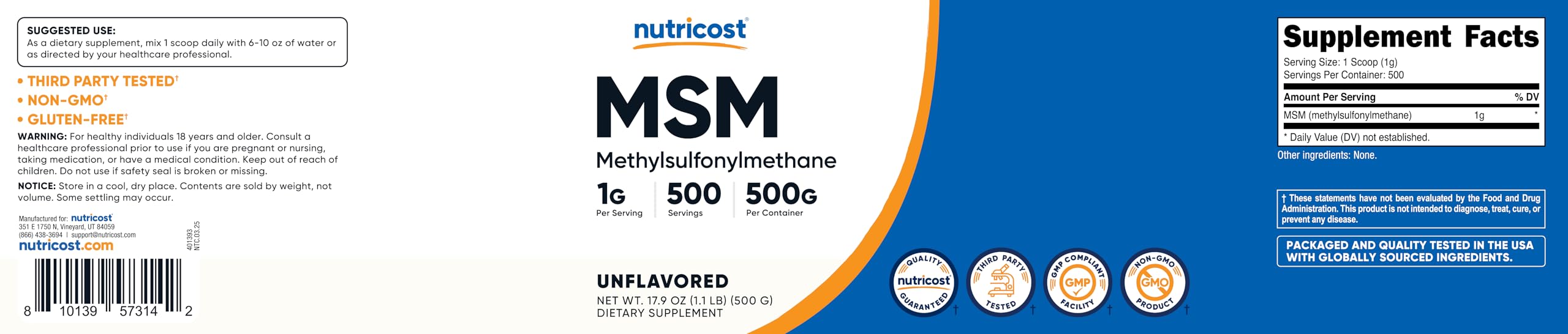 Nutricost MSM Powder 500g close-up of powder texture