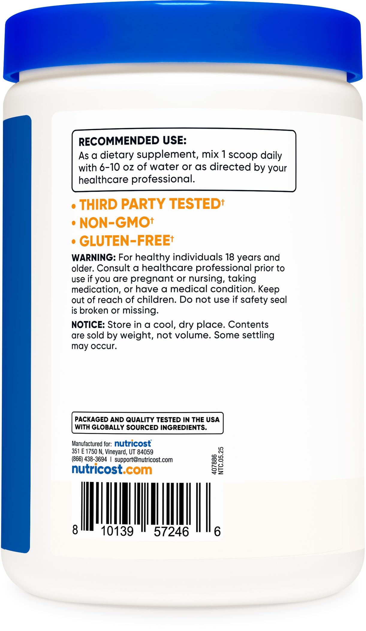 Nutricost N-Acetyl L-Cysteine 500g packaging on a wooden surface
