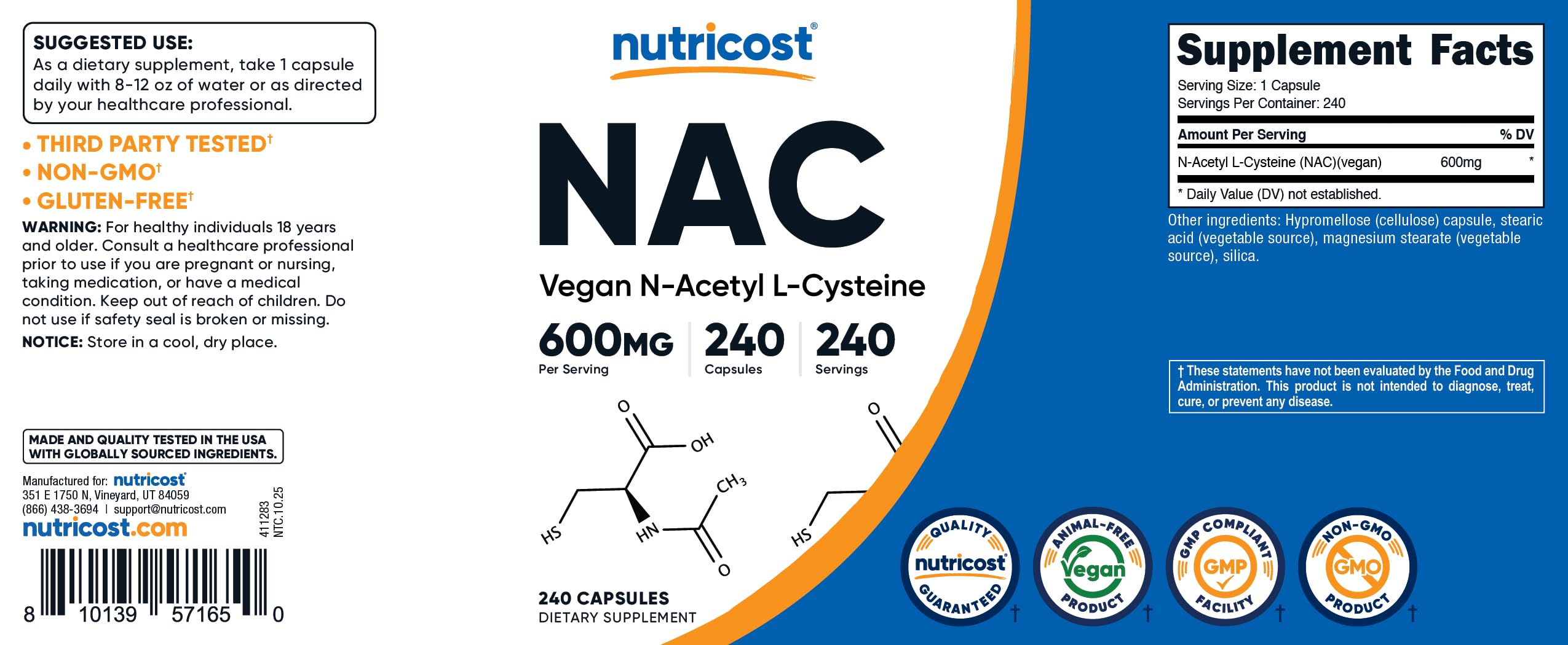 Nutricost N-Acetyl L-Cysteine 600mg capsules in hand